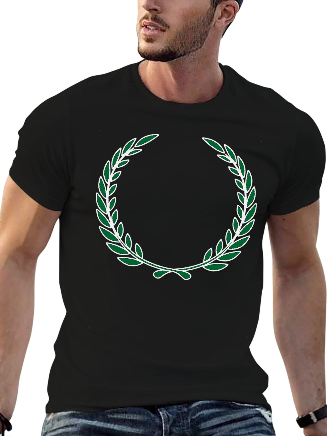 Green Laurel Wreath Design Black T-Shirt