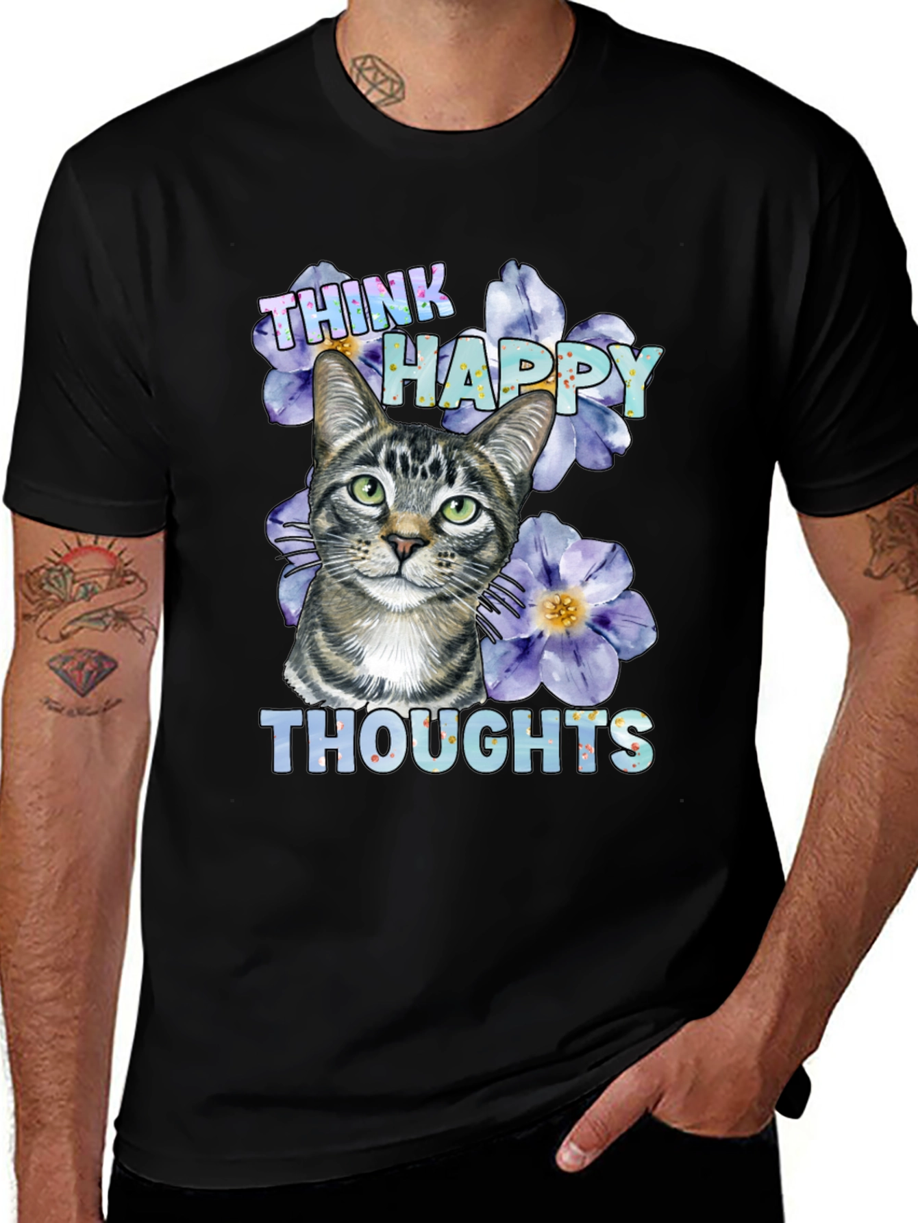 Think Happy Thoughts Cat Graphic T-Shirt