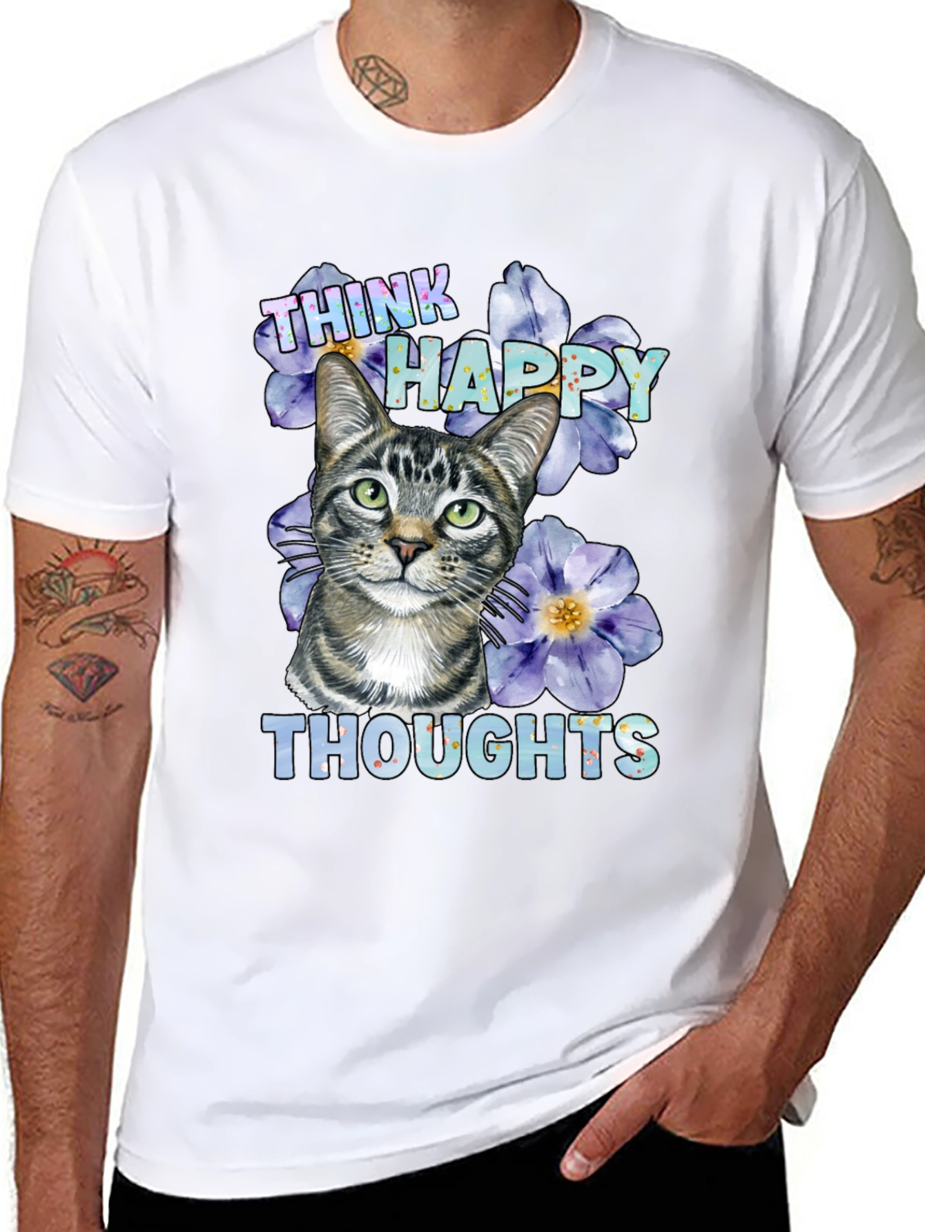 Think Happy Thoughts Cat Graphic T-Shirt