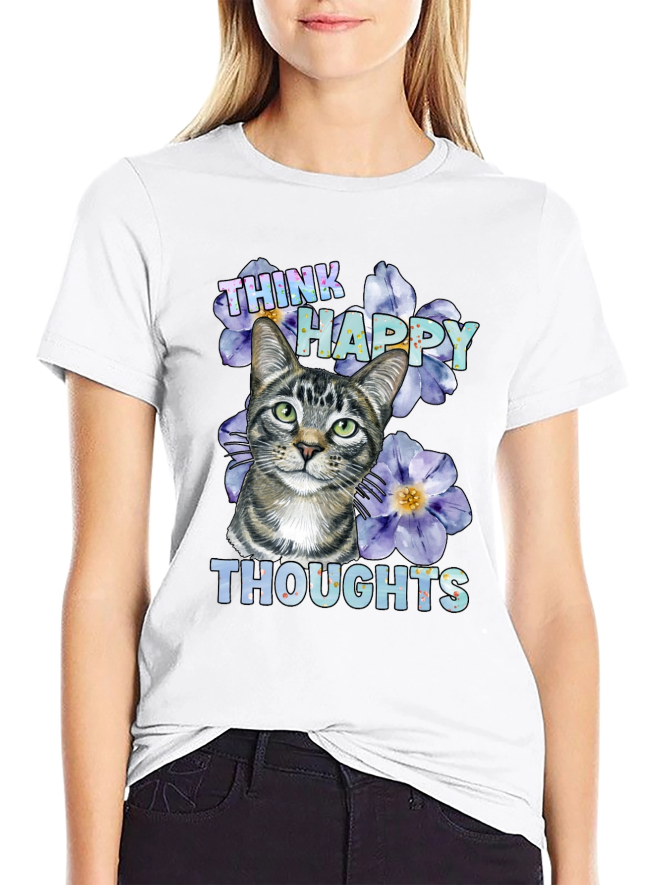 Think Happy Thoughts Cat Graphic T-Shirt