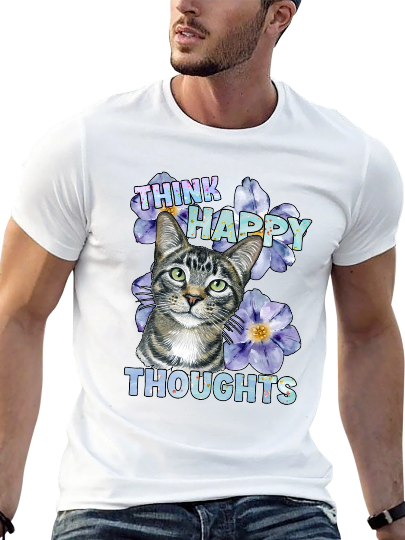 Think Happy Thoughts Cat Graphic T-Shirt