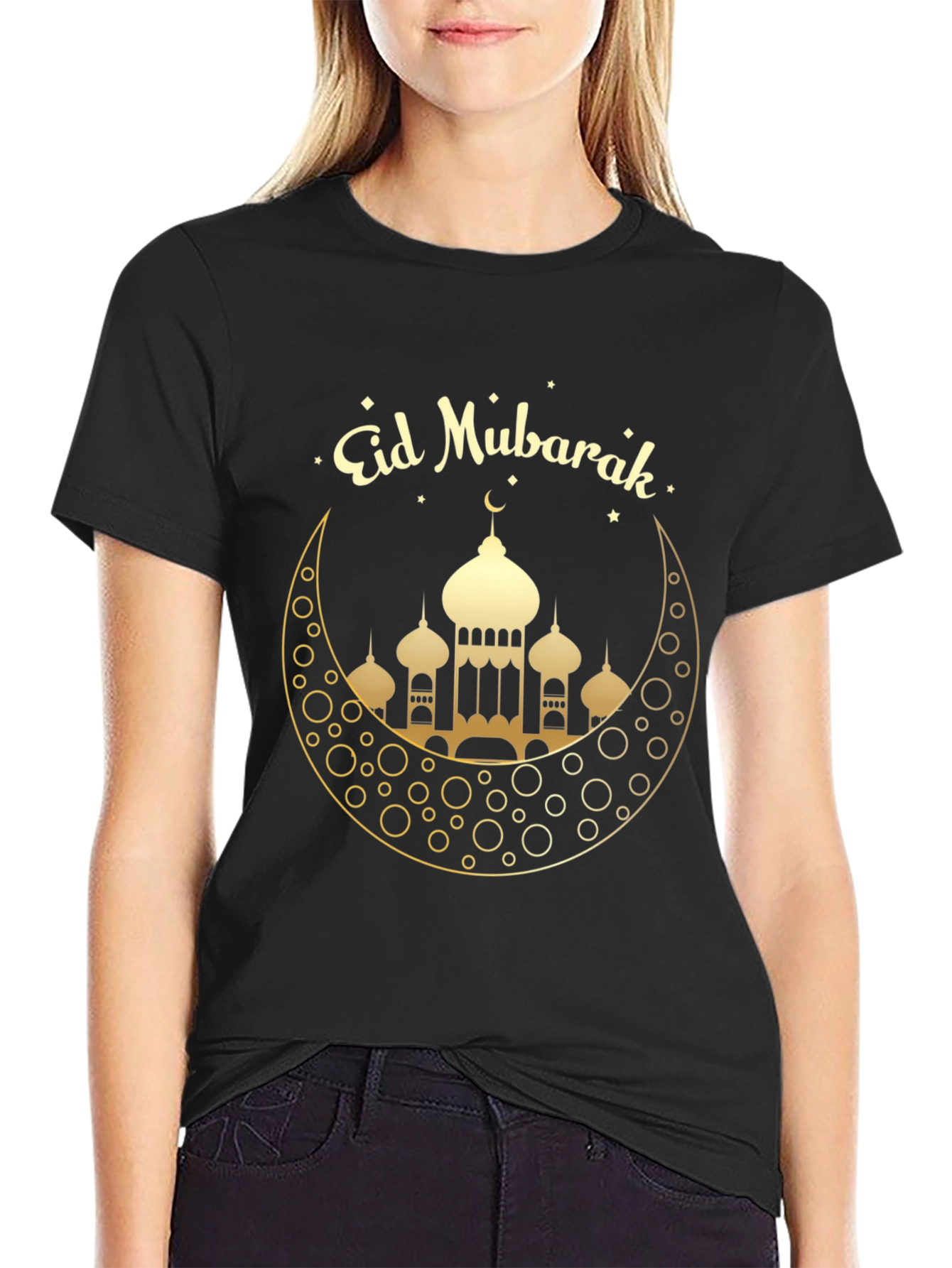 Eid Mubarak Black T-Shirt - Crescent Moon Mosque