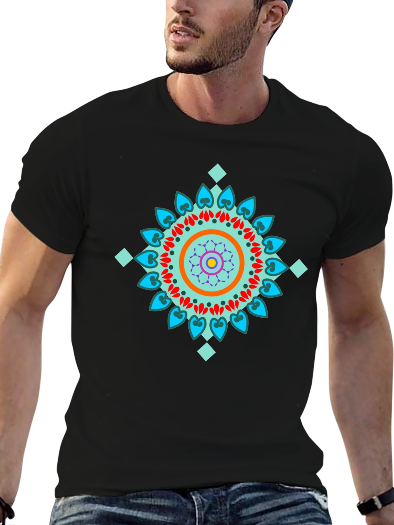 Geometric Mandala Design Black T-Shirt