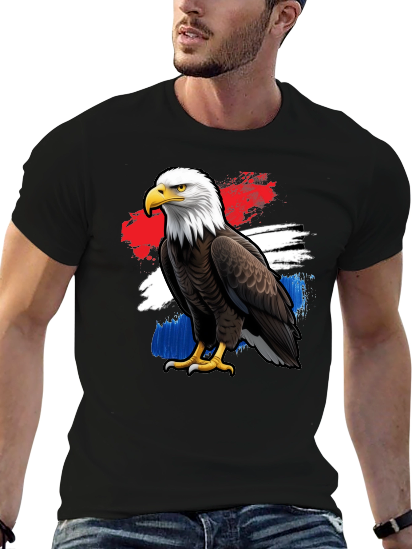 Patriotic Eagle Graphic Tee - Black Crew Neck T-Shirt