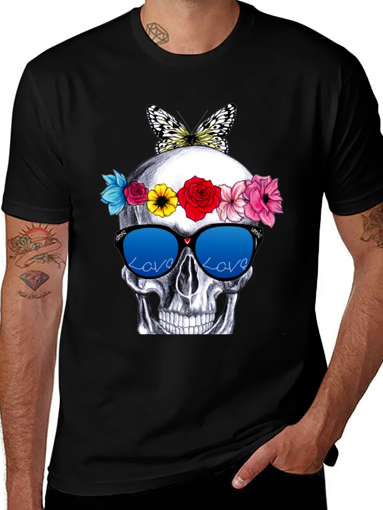Skull with Flowers & Butterfly T-Shirt