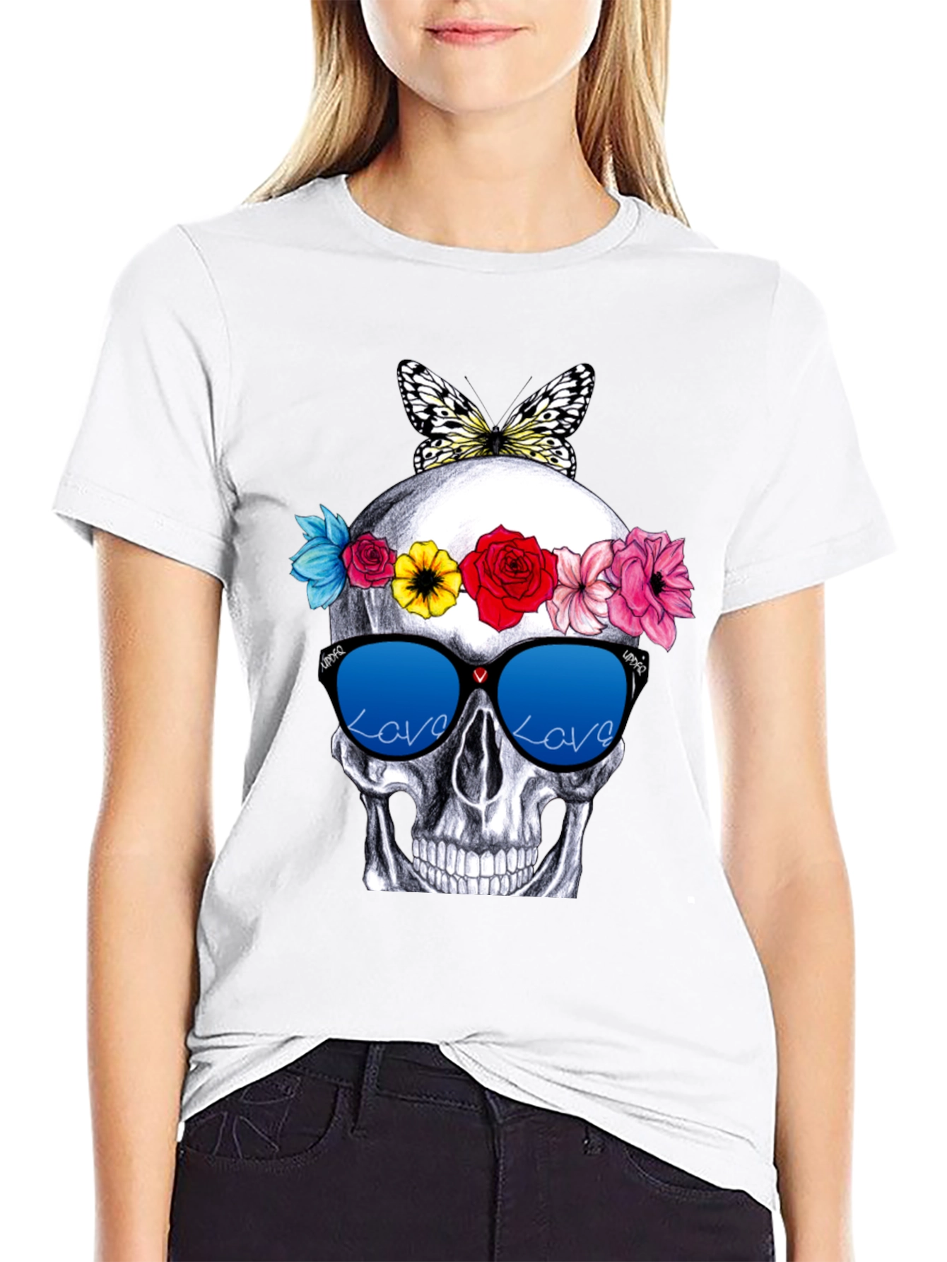 Skull with Flowers & Butterfly T-Shirt