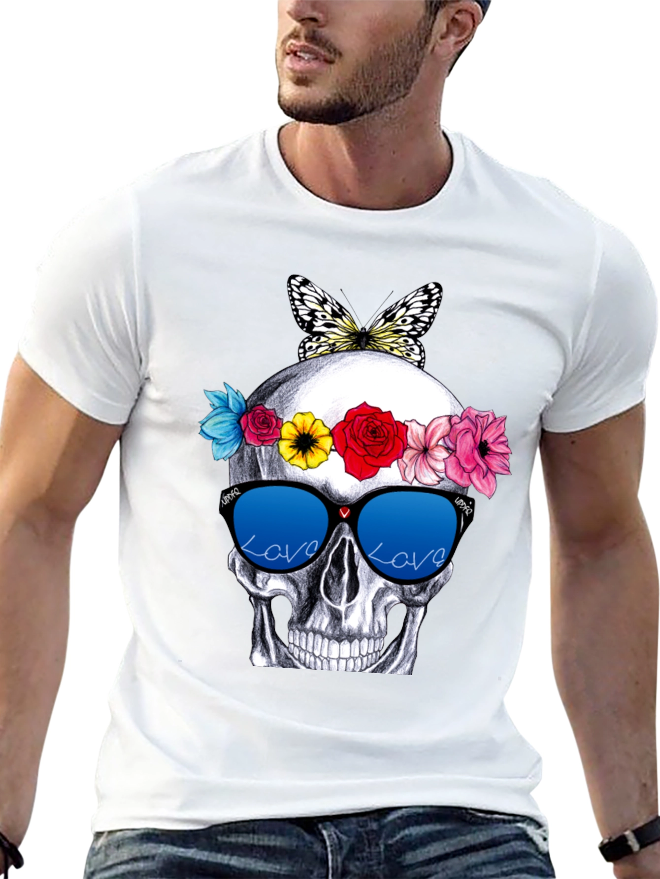 Skull with Flowers & Butterfly T-Shirt