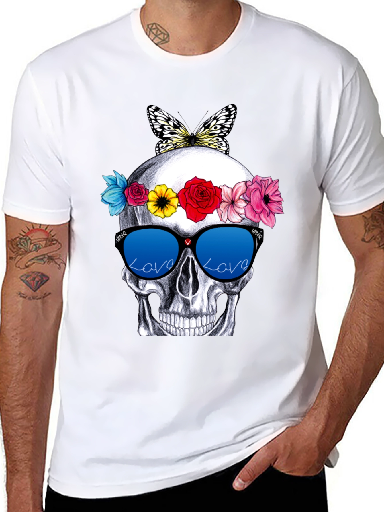 Skull with Flowers & Butterfly T-Shirt