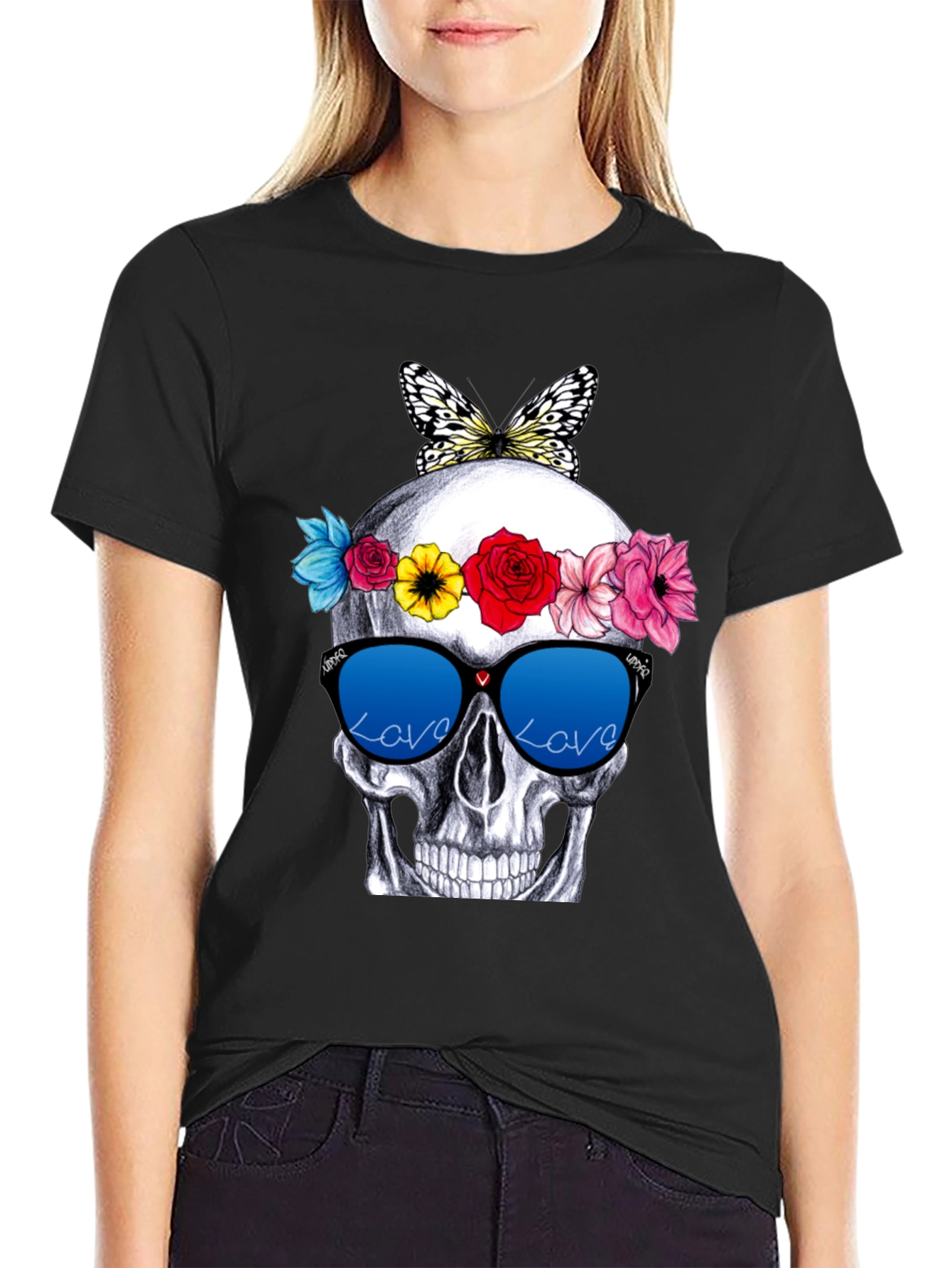 Skull with Flowers & Butterfly T-Shirt