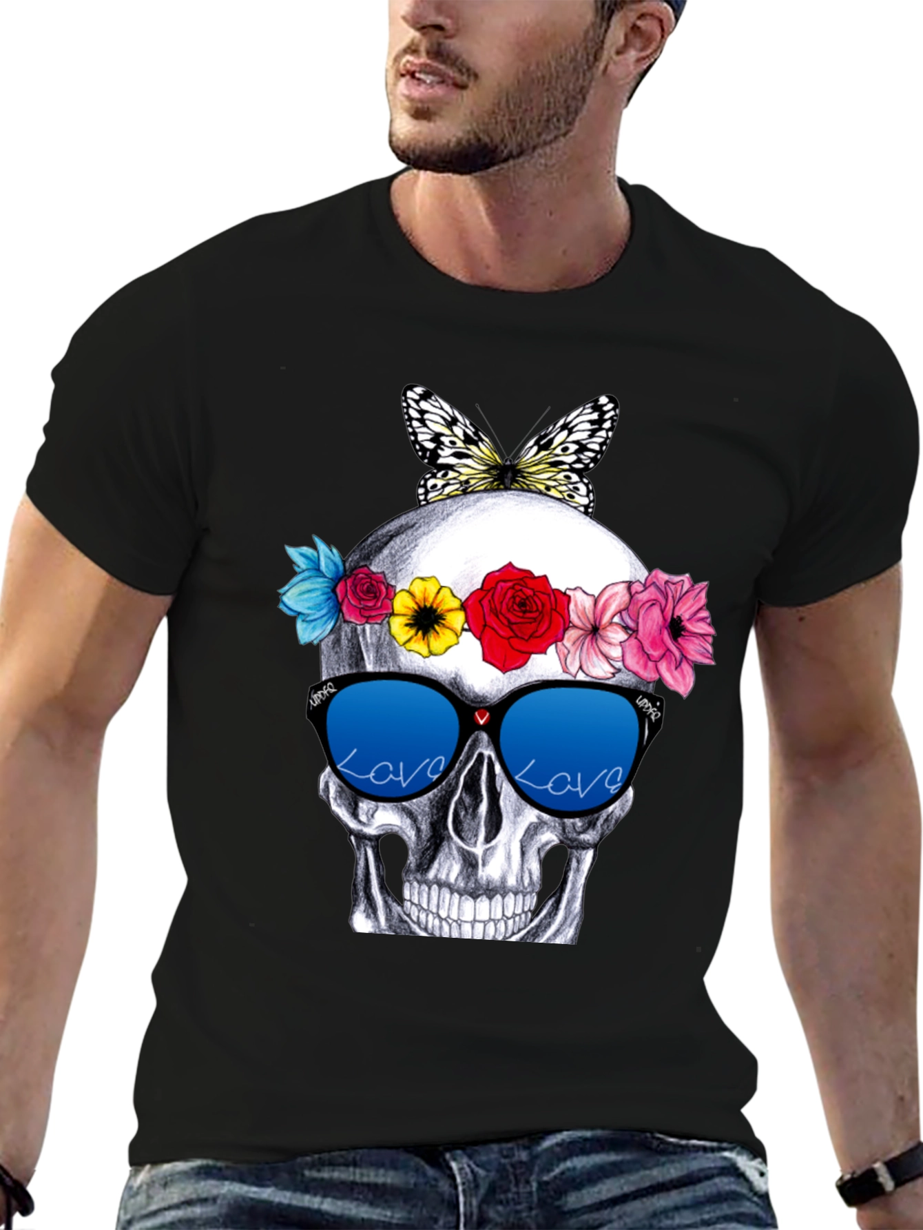 Skull with Flowers & Butterfly T-Shirt