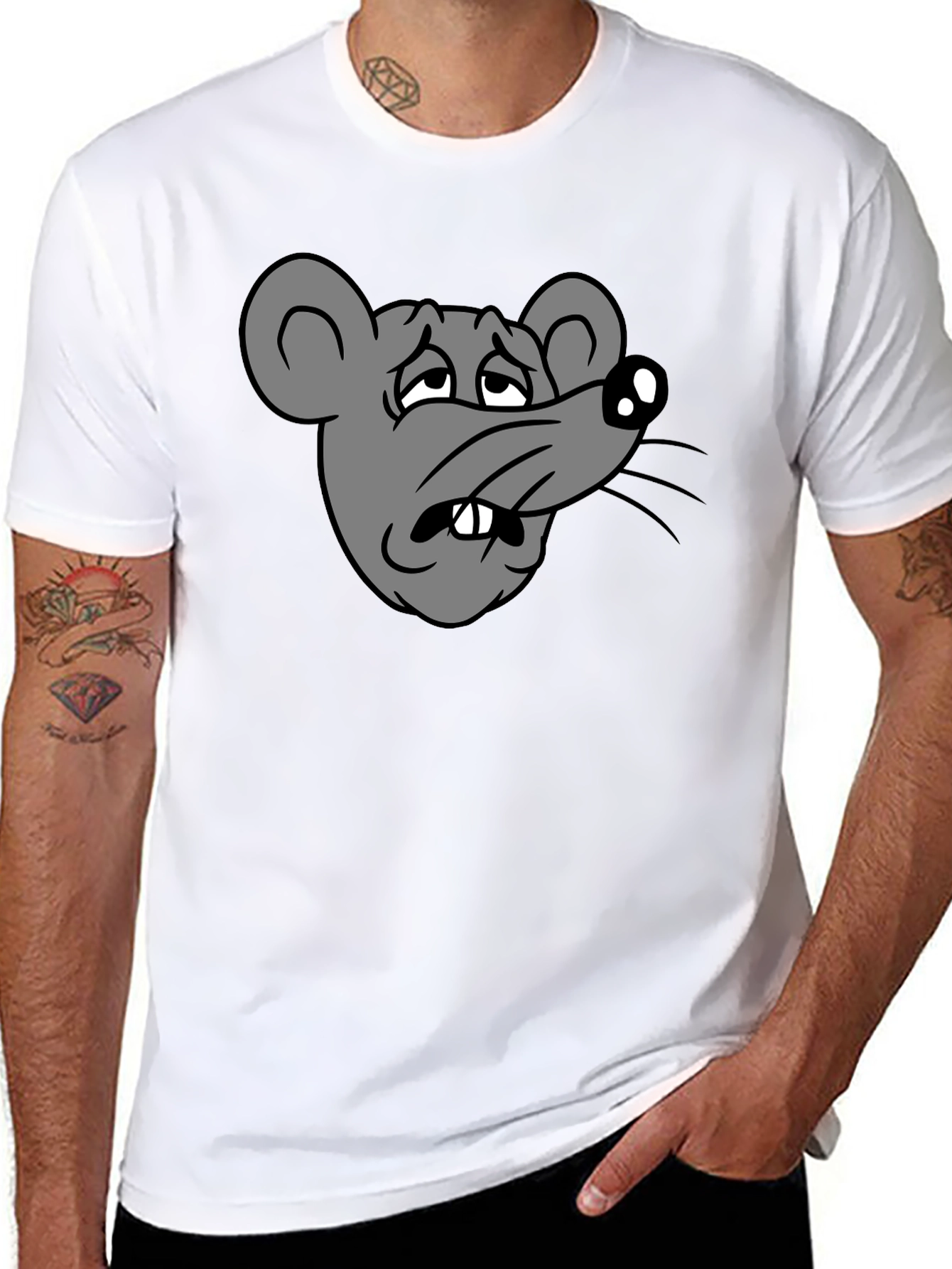 Funny Sad Rat Cartoon Graphic Black T-Shirt