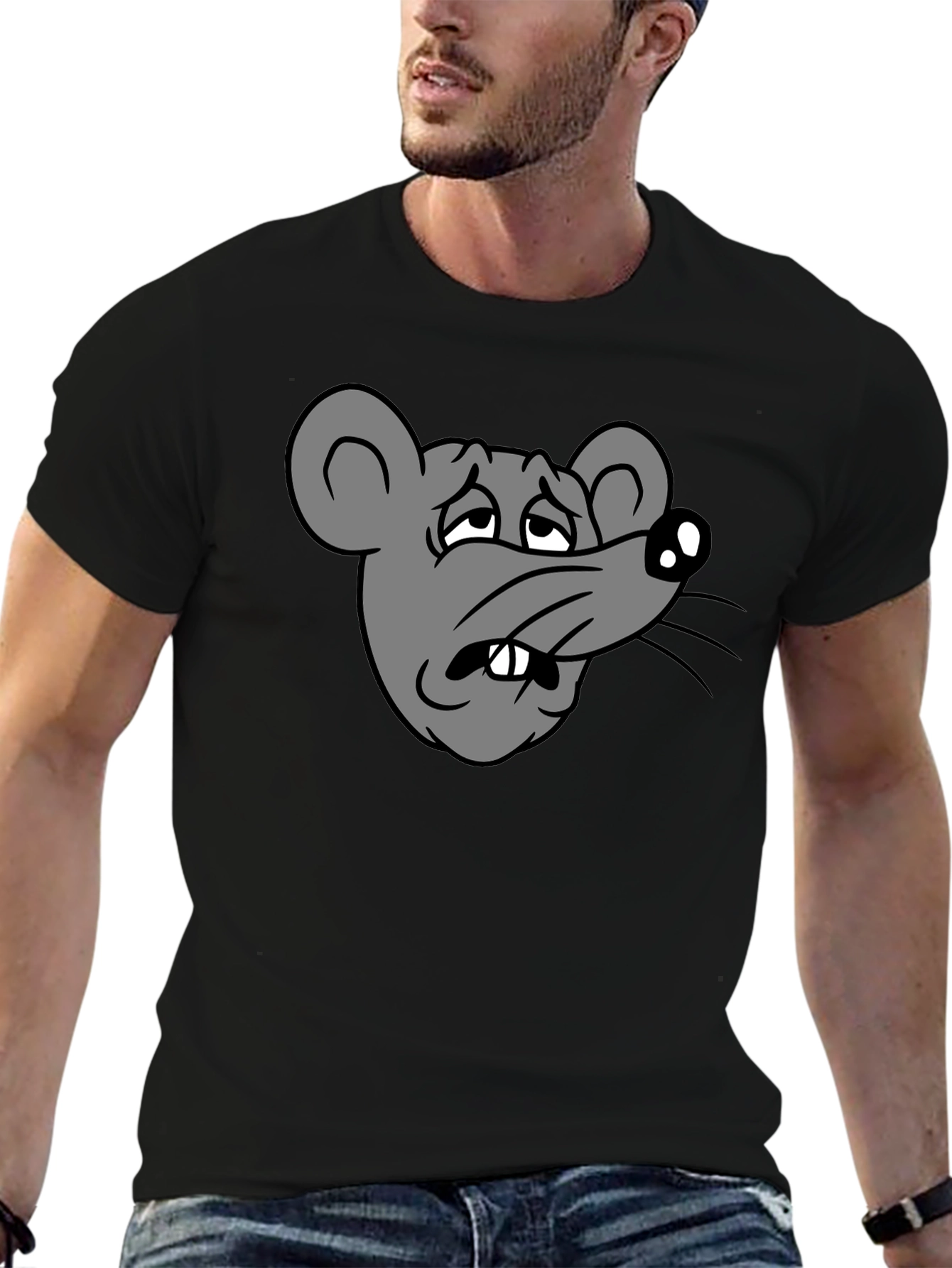 Funny Sad Rat Cartoon Graphic Black T-Shirt