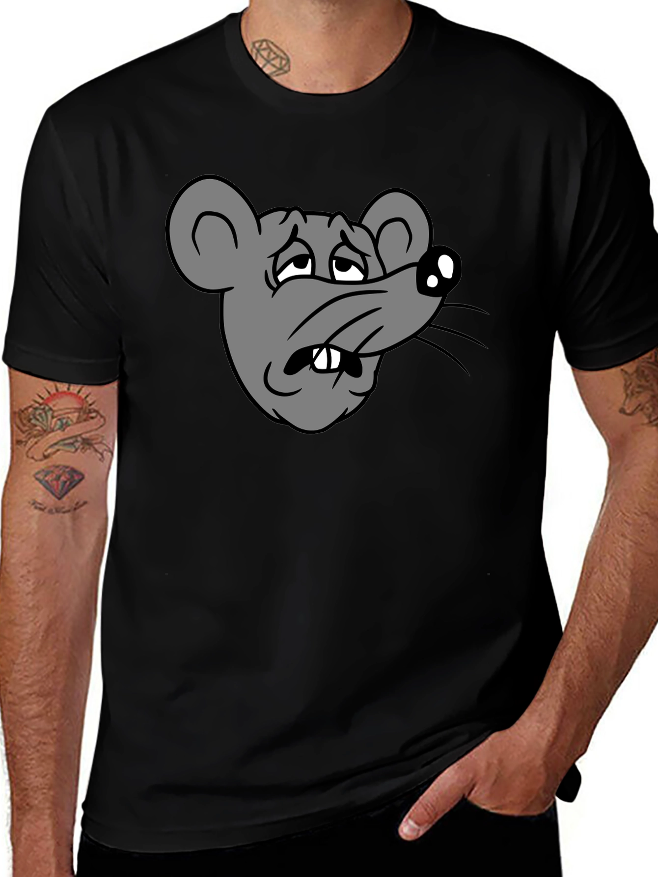 Funny Sad Rat Cartoon Graphic Black T-Shirt