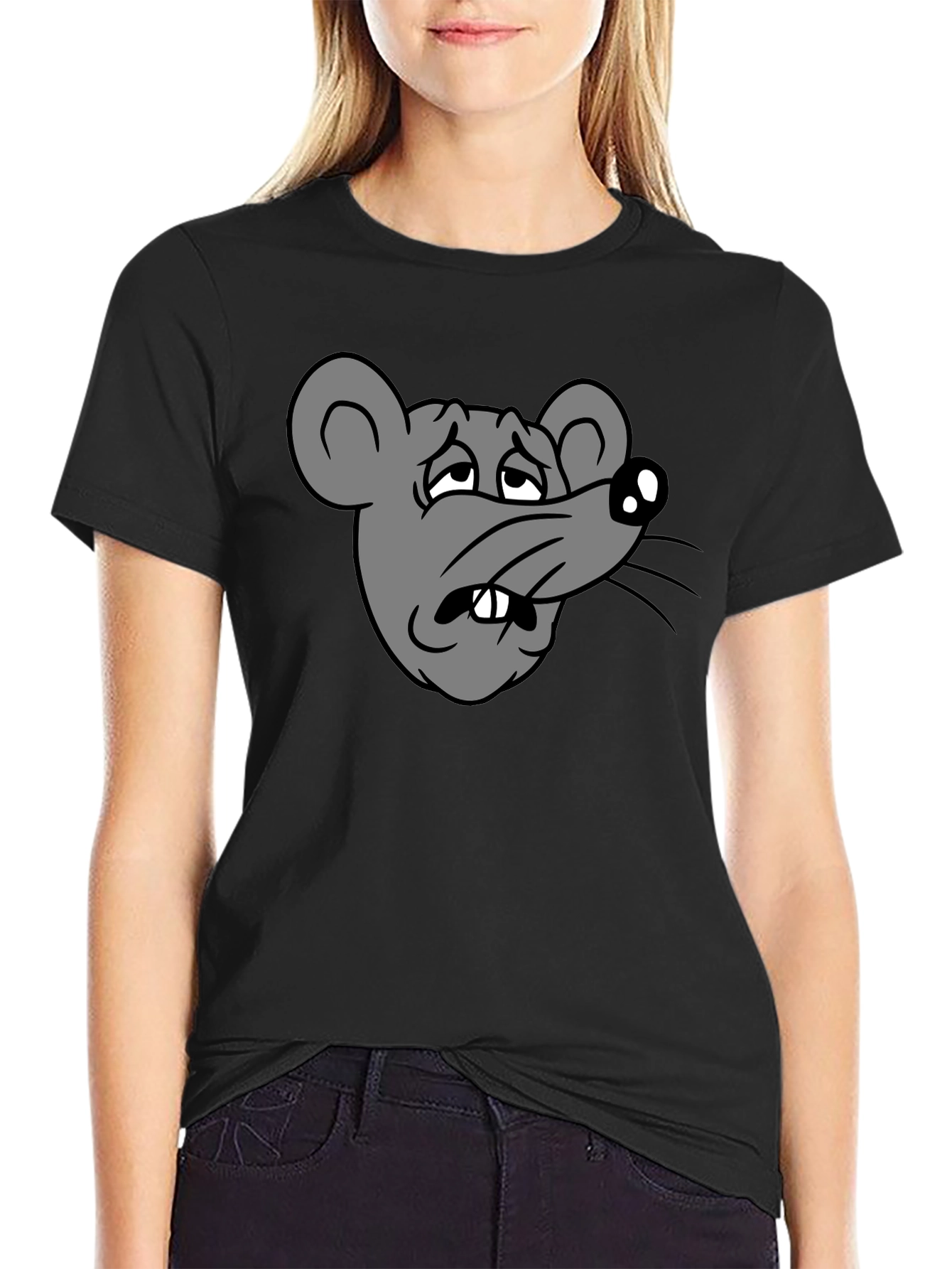 Funny Sad Rat Cartoon Graphic Black T-Shirt