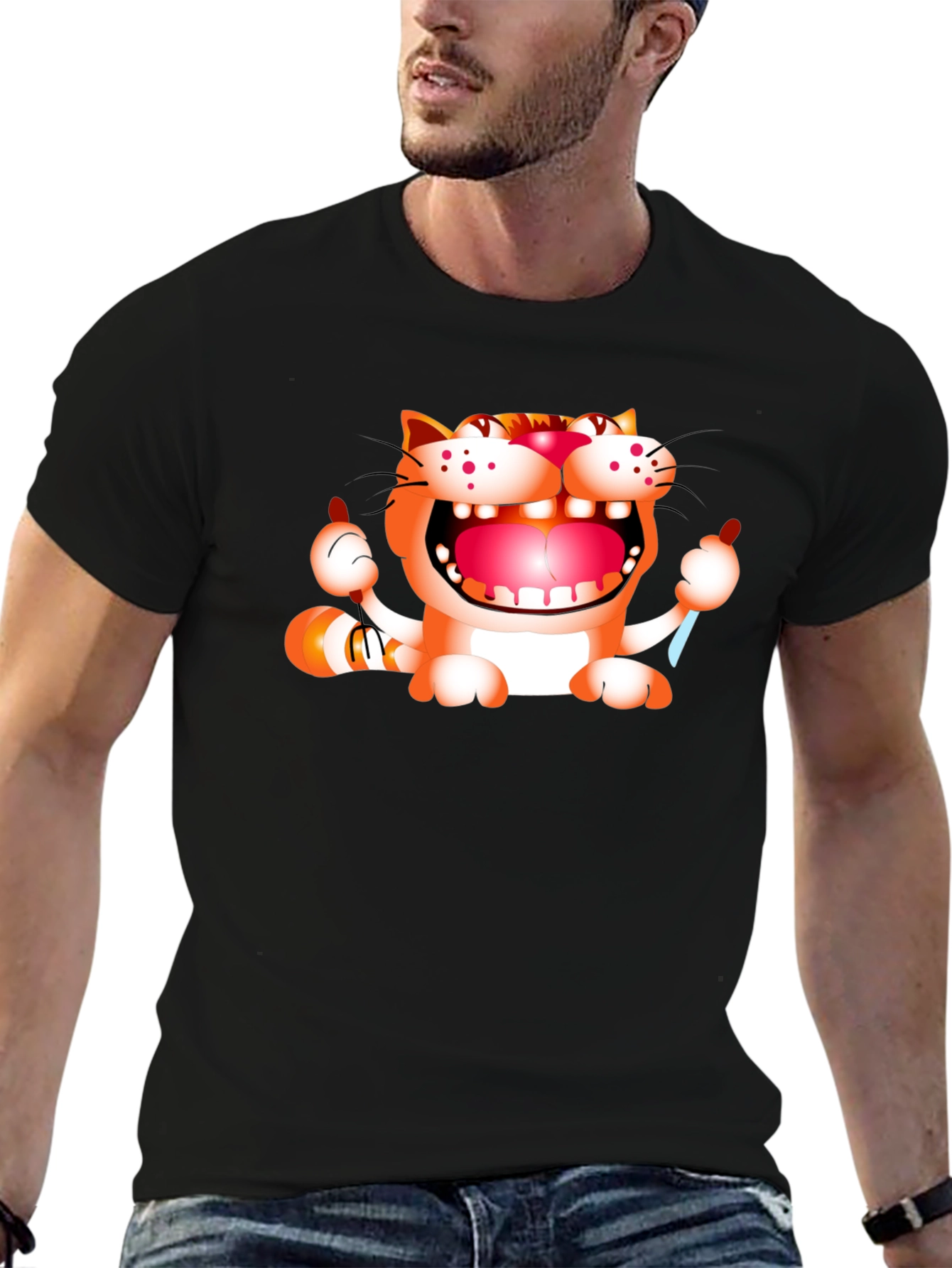 Cartoon Cat Graphic Black T-Shirt