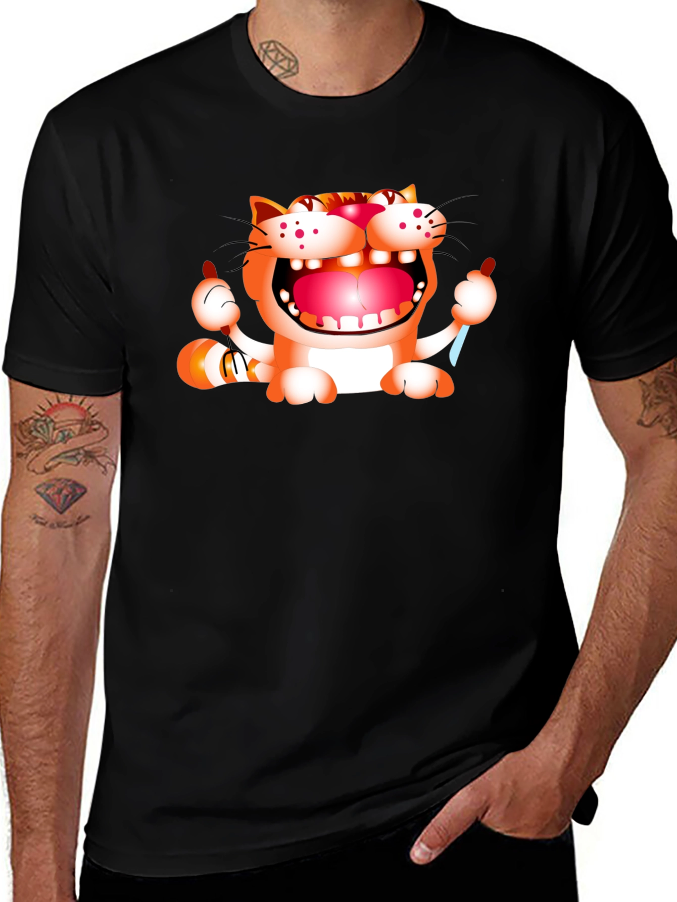 Cartoon Cat Graphic Black T-Shirt
