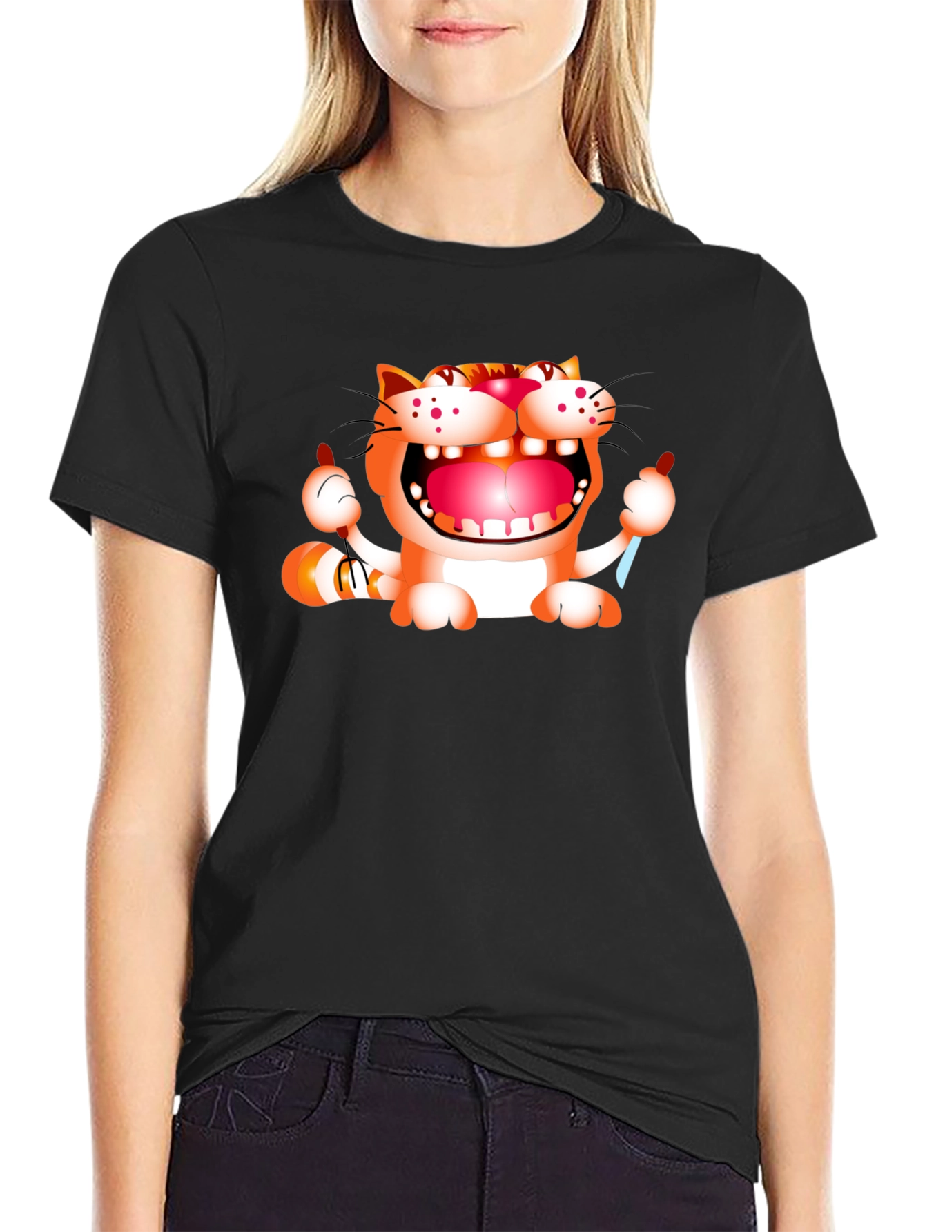 Cartoon Cat Graphic Black T-Shirt
