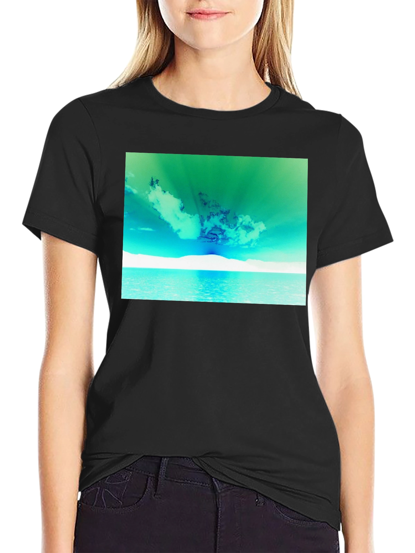 Vibrant Sky & Sea Graphic Tee - Black