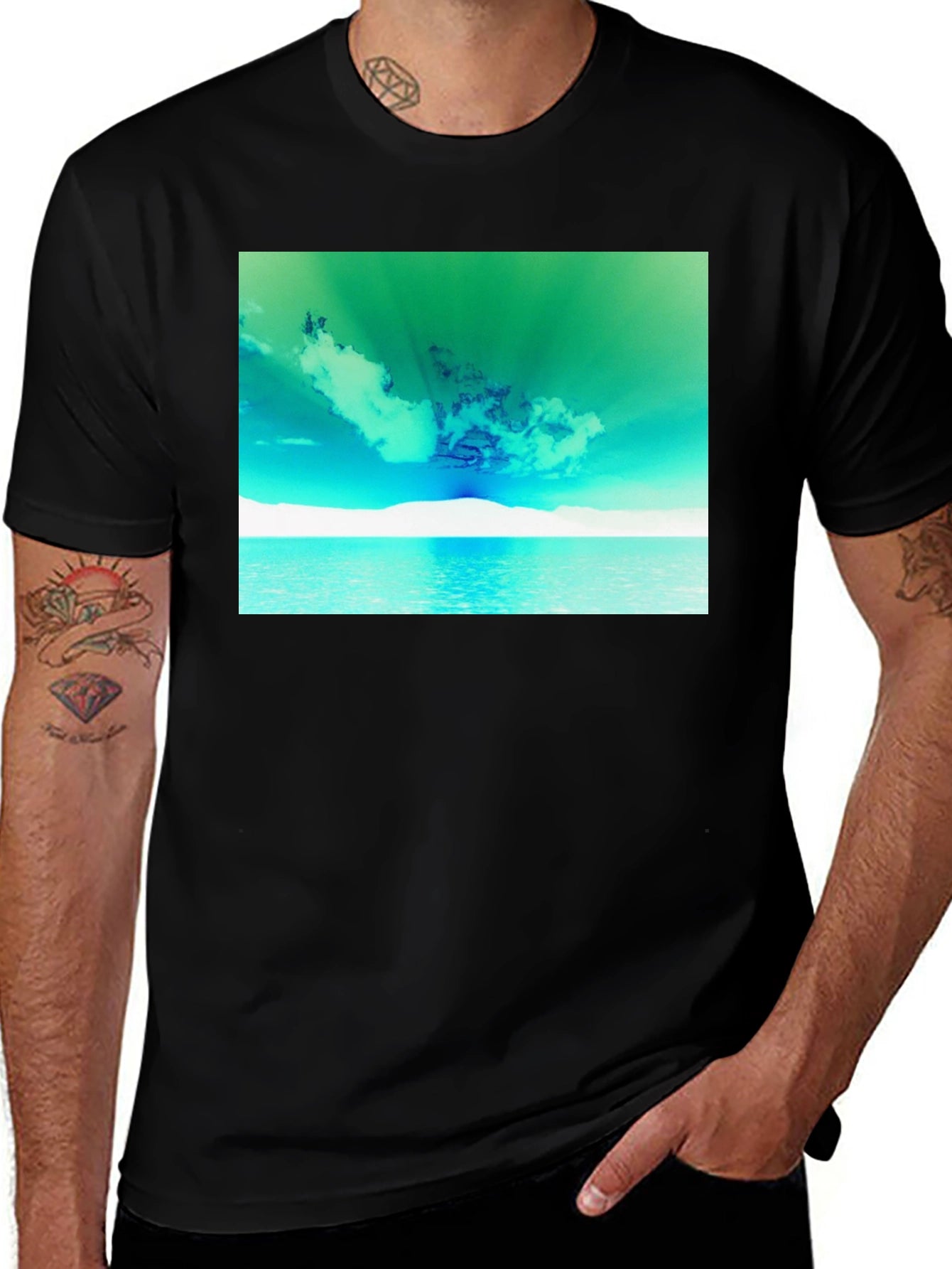 Vibrant Sky & Sea Graphic Tee - Black