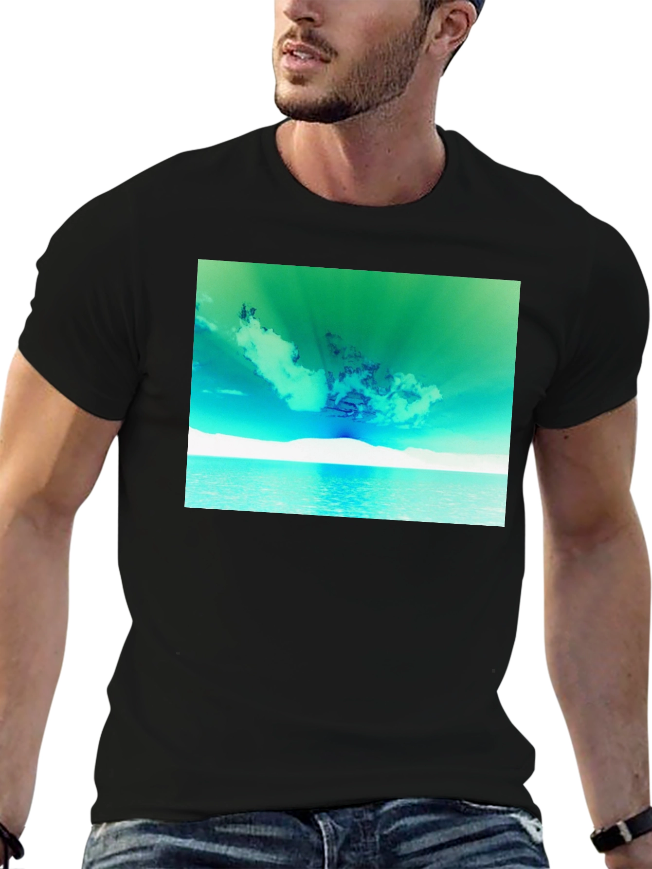 Vibrant Sky & Sea Graphic Tee - Black
