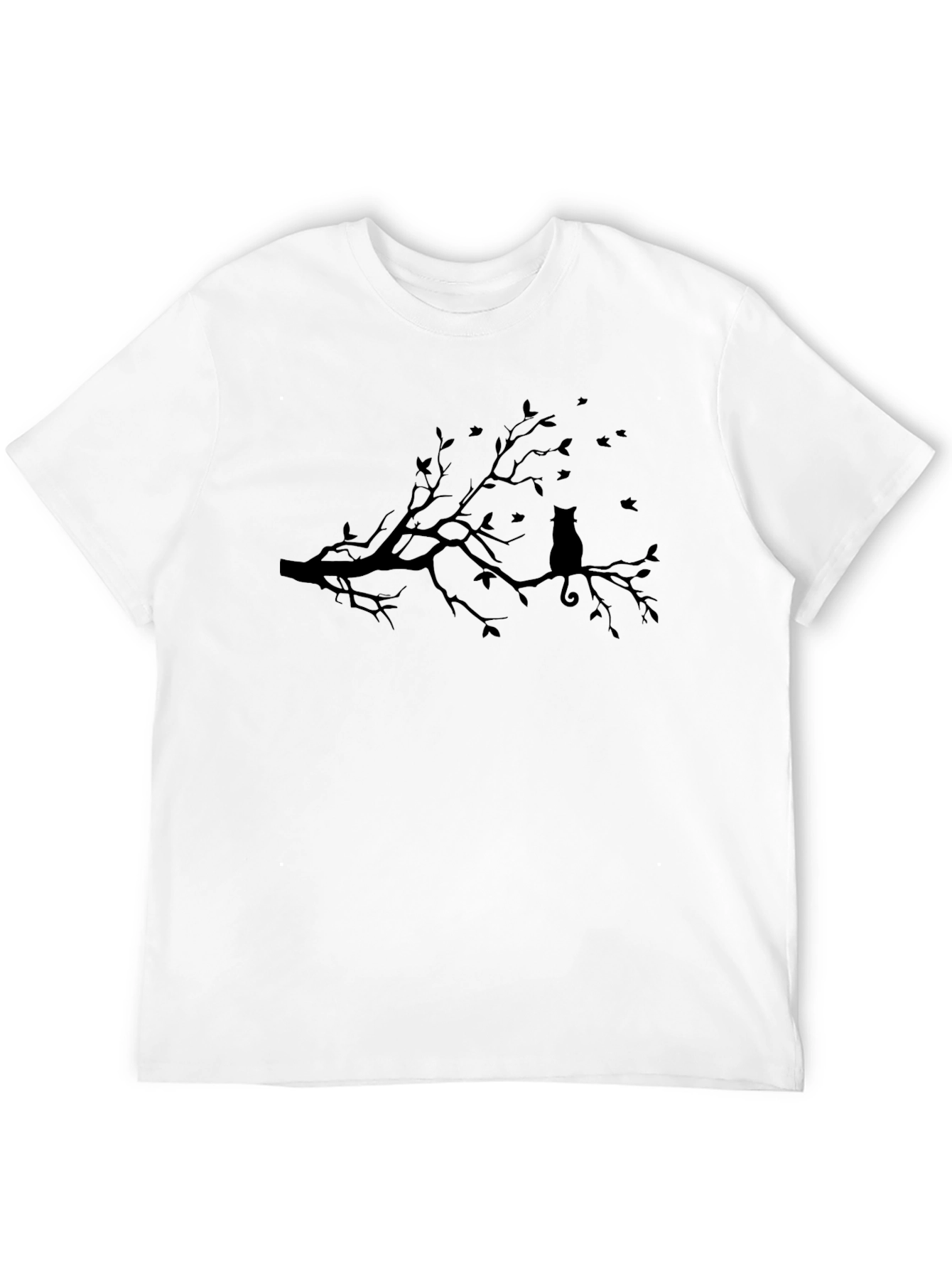 Cat on Branch T-Shirt - Black Silhouette Design