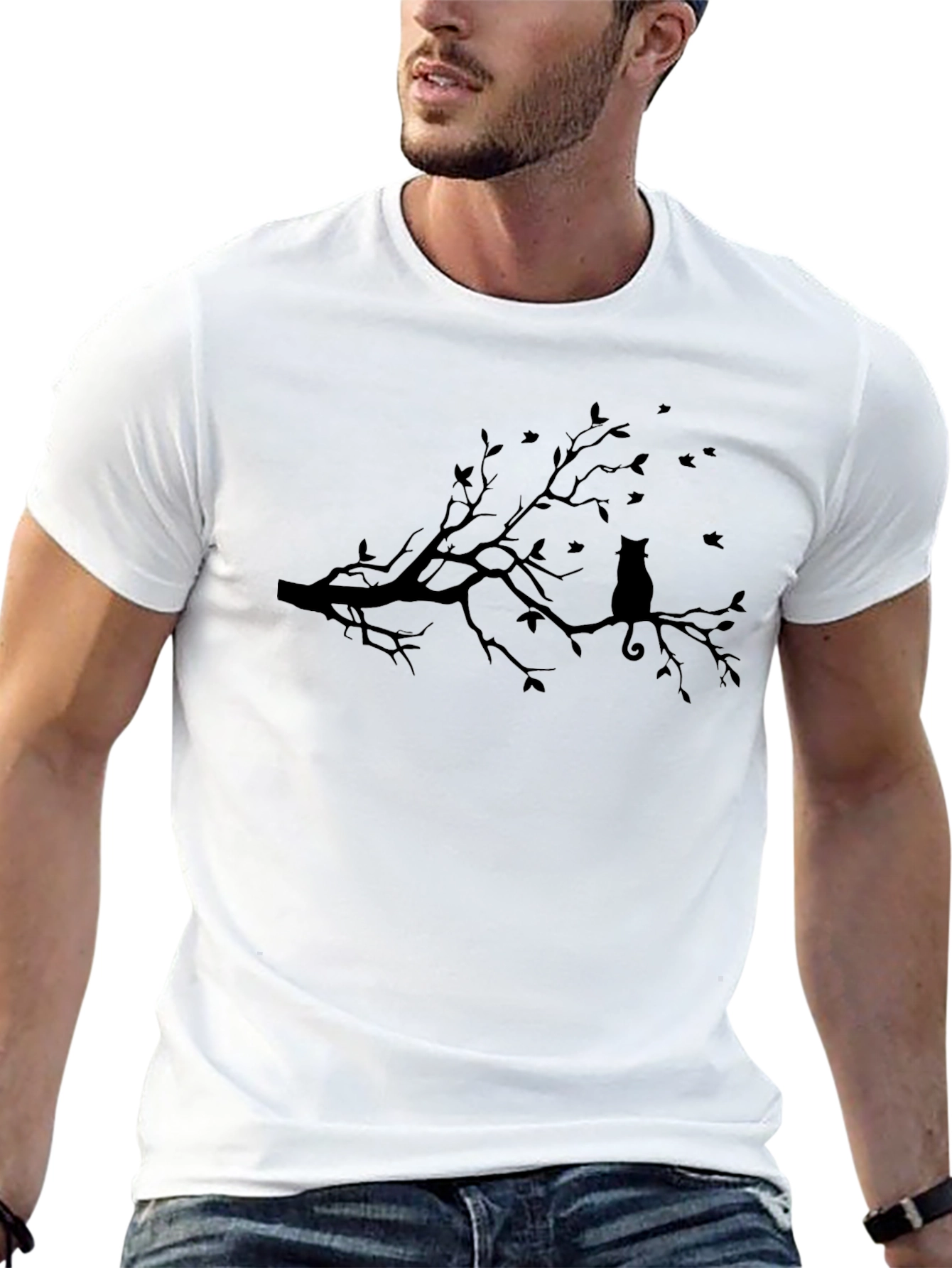 Cat on Branch T-Shirt - Black Silhouette Design