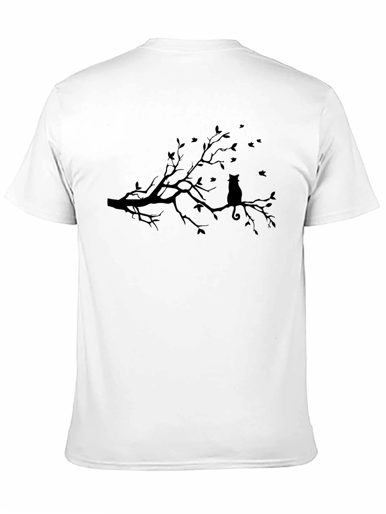 Cat on Branch T-Shirt - Black Silhouette Design