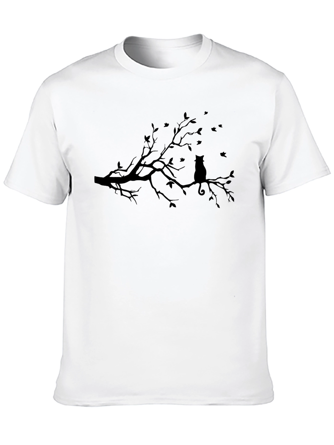 Cat on Branch T-Shirt - Black Silhouette Design