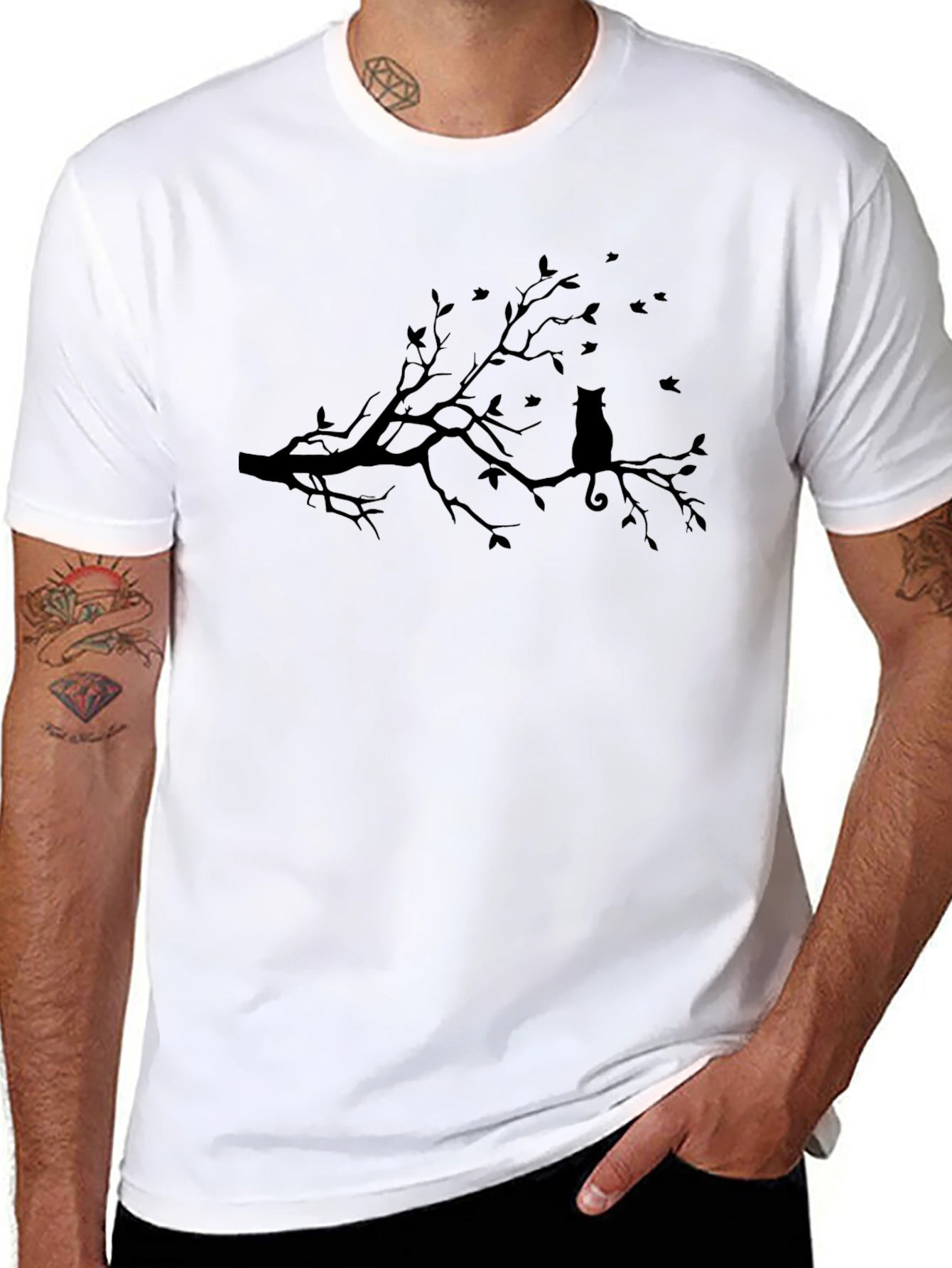 Cat on Branch T-Shirt - Black Silhouette Design
