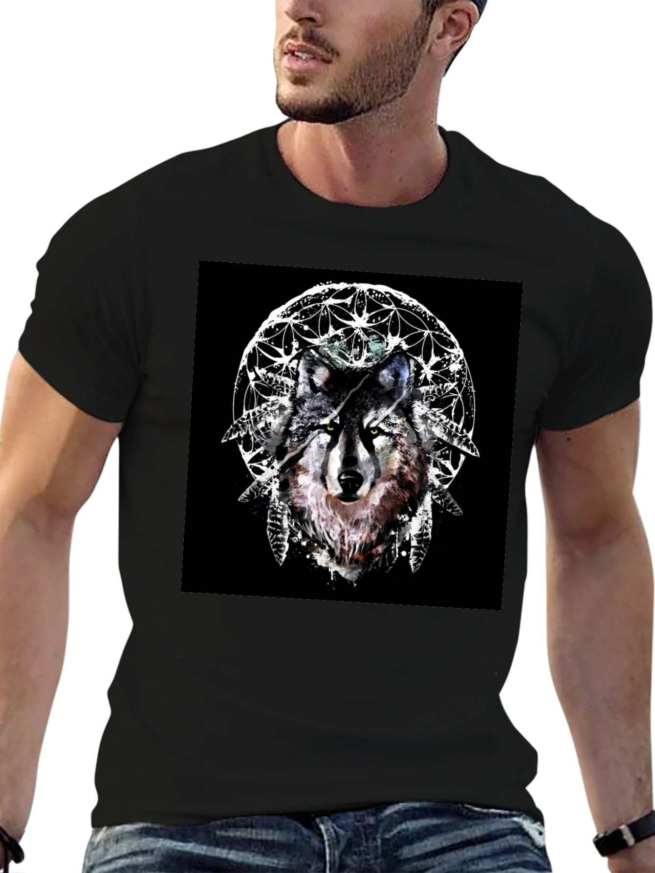 Wolf Dreamcatcher Graphic Tee - Stylish Black T-Shirt