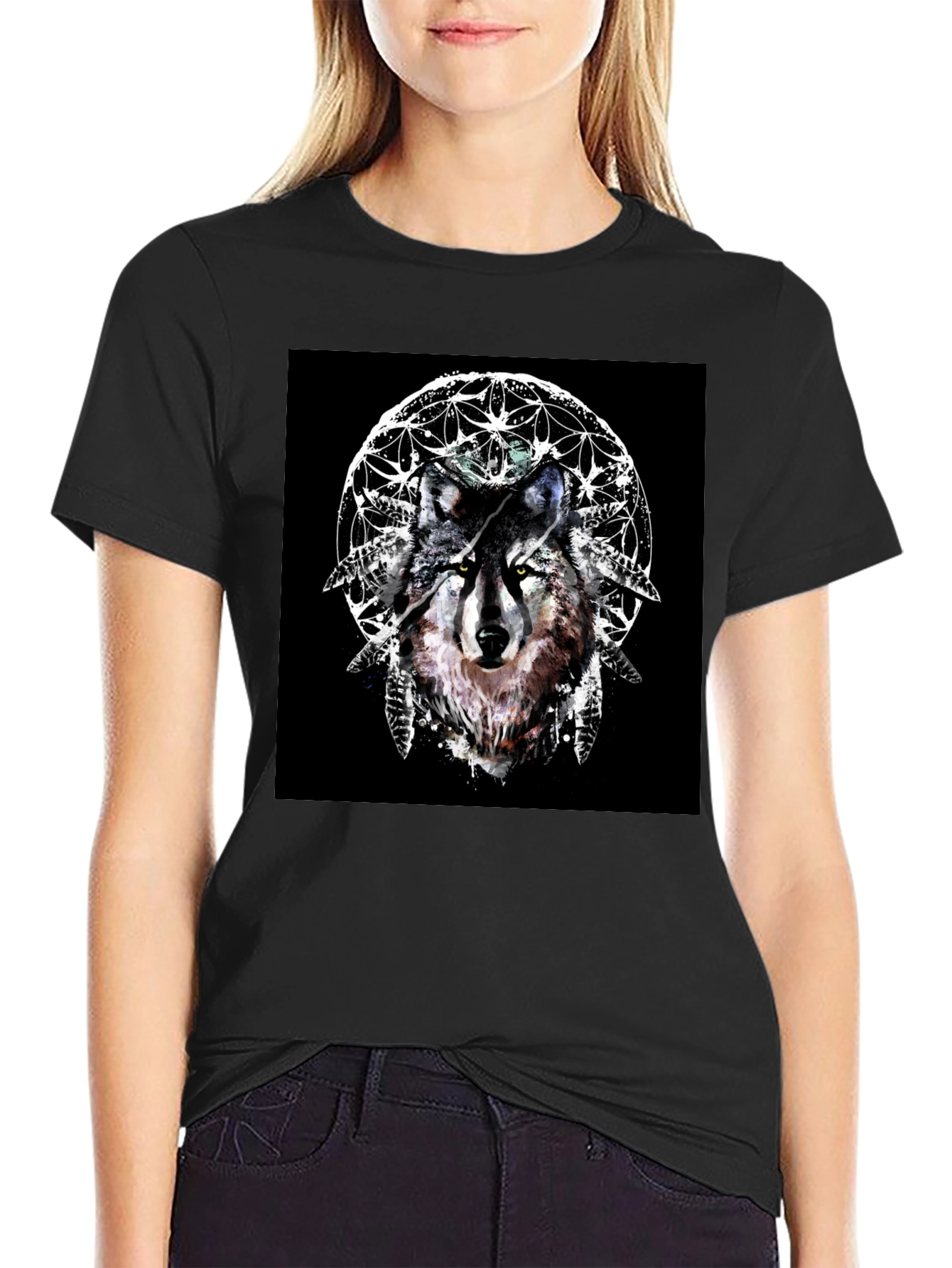 Wolf Dreamcatcher Graphic Tee - Stylish Black T-Shirt