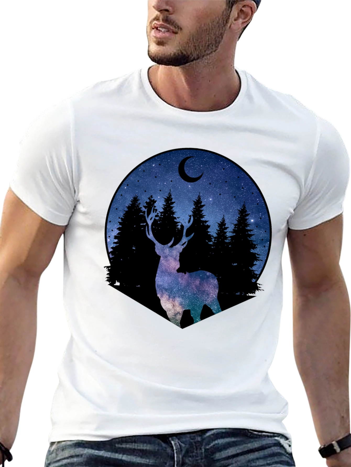 Celestial Deer Graphic Tee - Black Cotton Blend