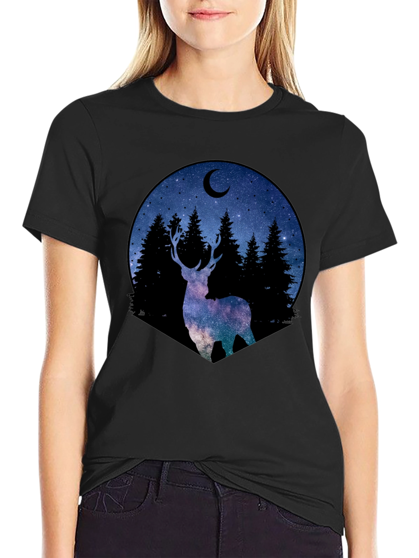 Celestial Deer Graphic Tee - Black Cotton Blend