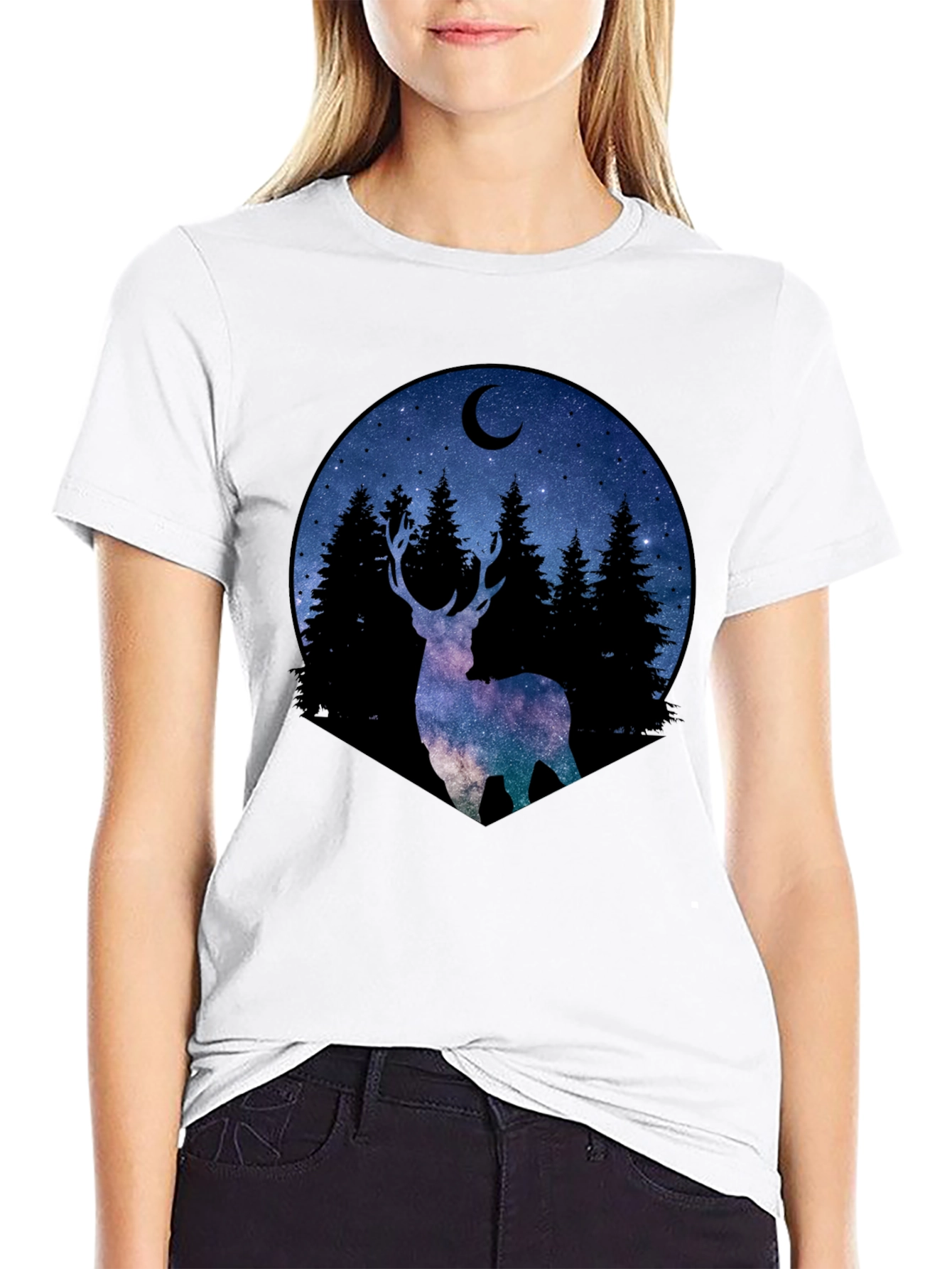 Celestial Deer Graphic Tee - Black Cotton Blend