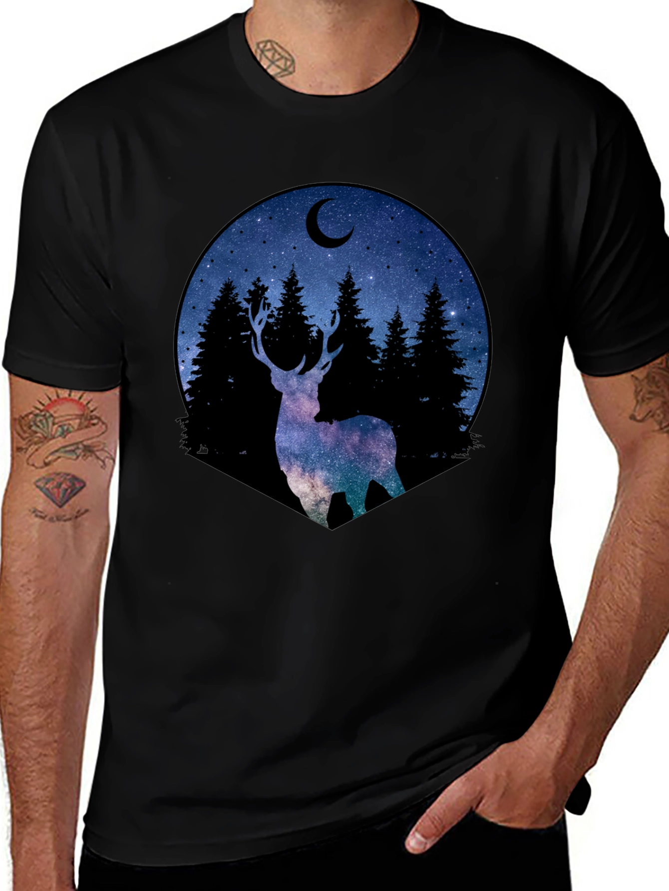 Celestial Deer Graphic Tee - Black Cotton Blend