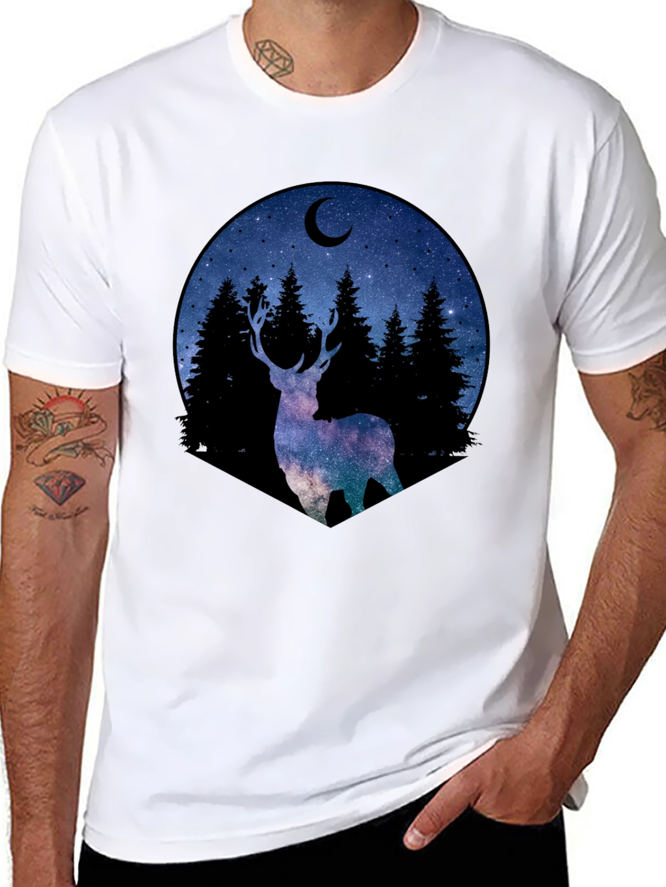 Celestial Deer Graphic Tee - Black Cotton Blend