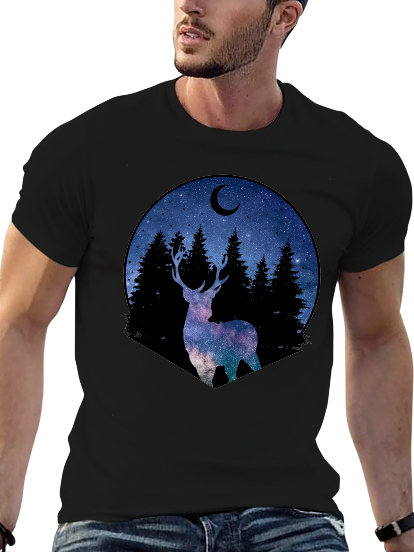 Celestial Deer Graphic Tee - Black Cotton Blend