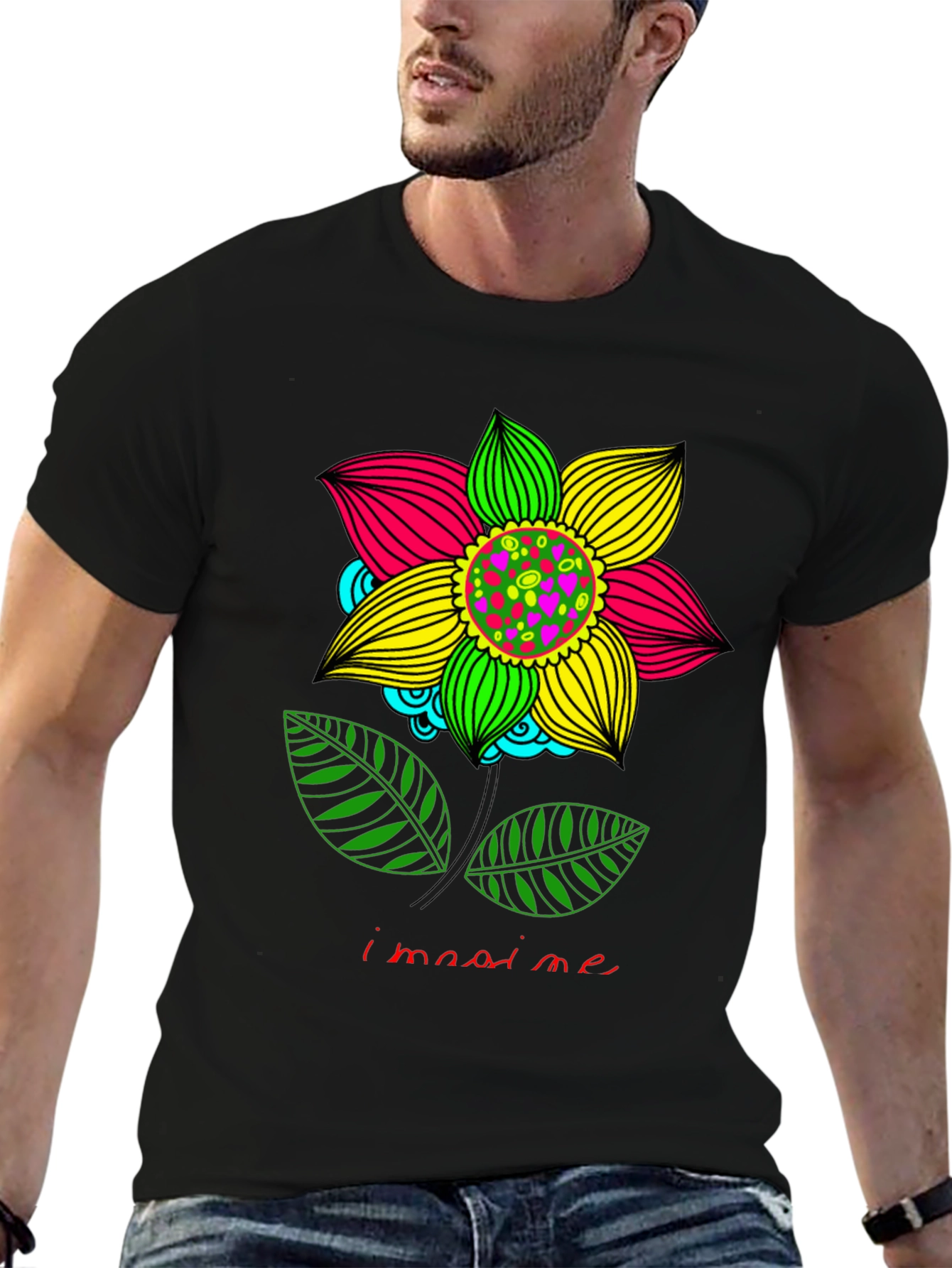 Imagine Flower Graphic Print Black T-Shirt