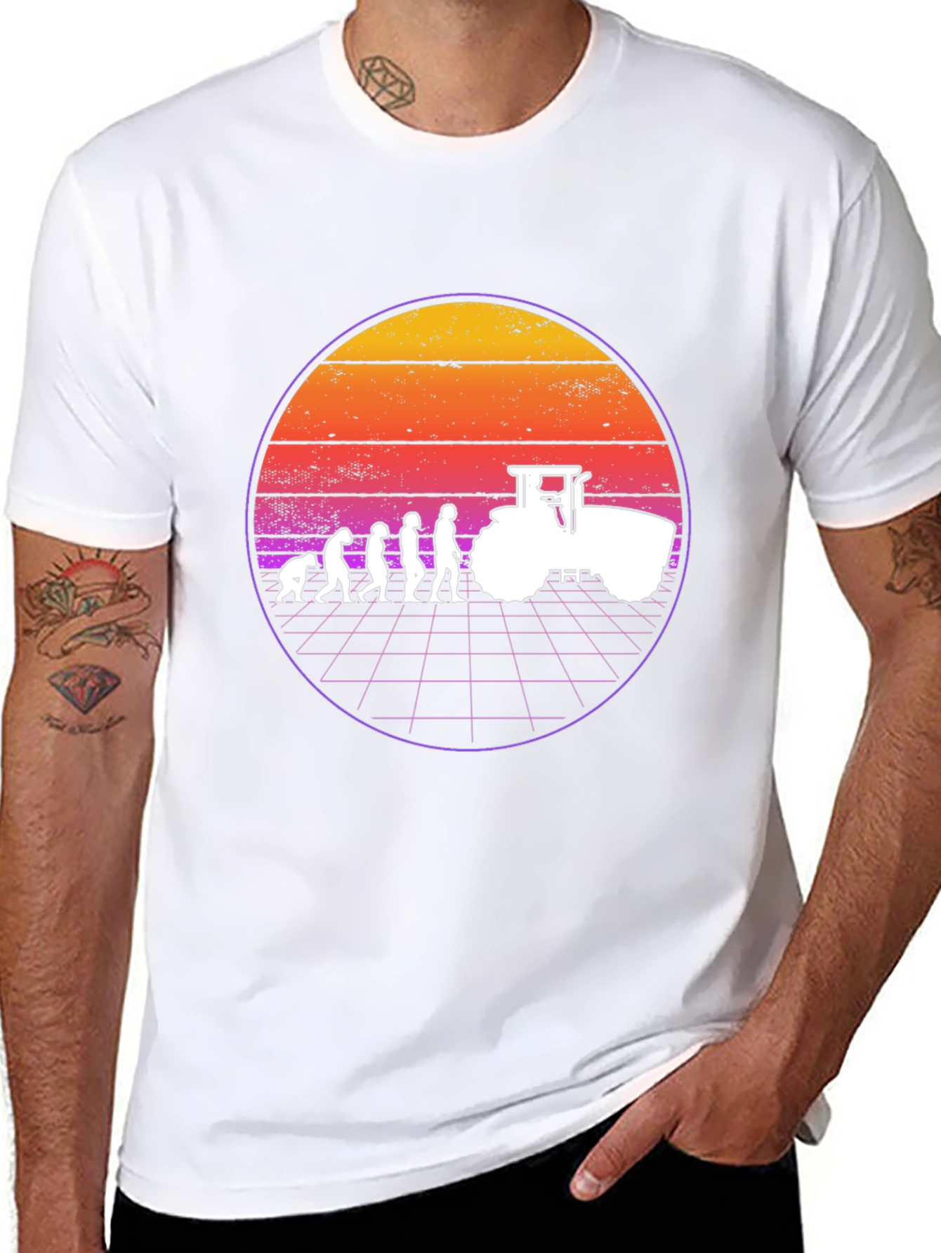 Farming Evolution T-Shirt - Retro Sunset Tractor Tee