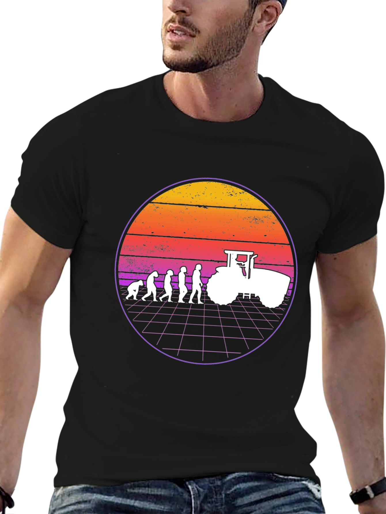 Farming Evolution T-Shirt - Retro Sunset Tractor Tee