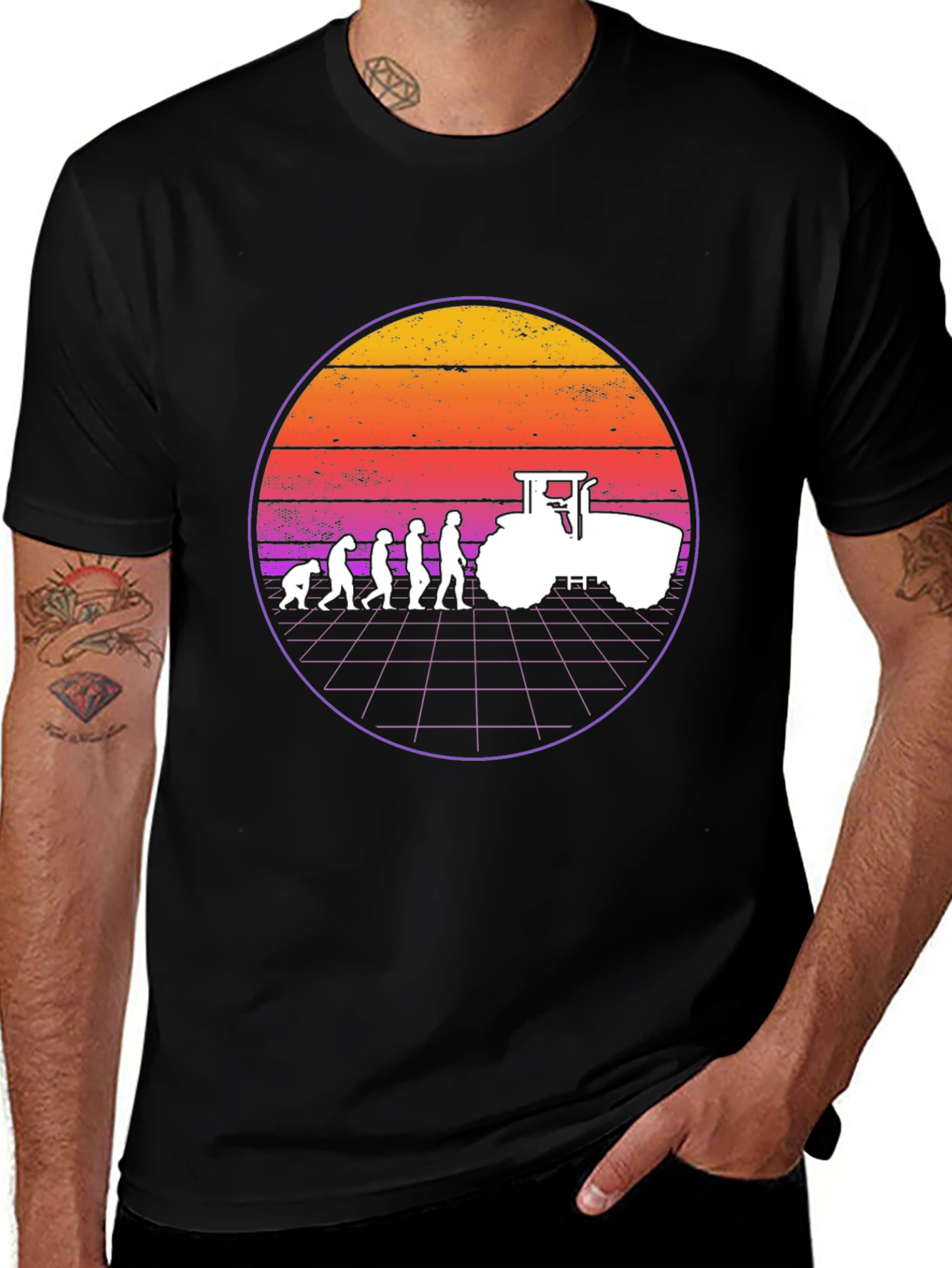 Farming Evolution T-Shirt - Retro Sunset Tractor Tee