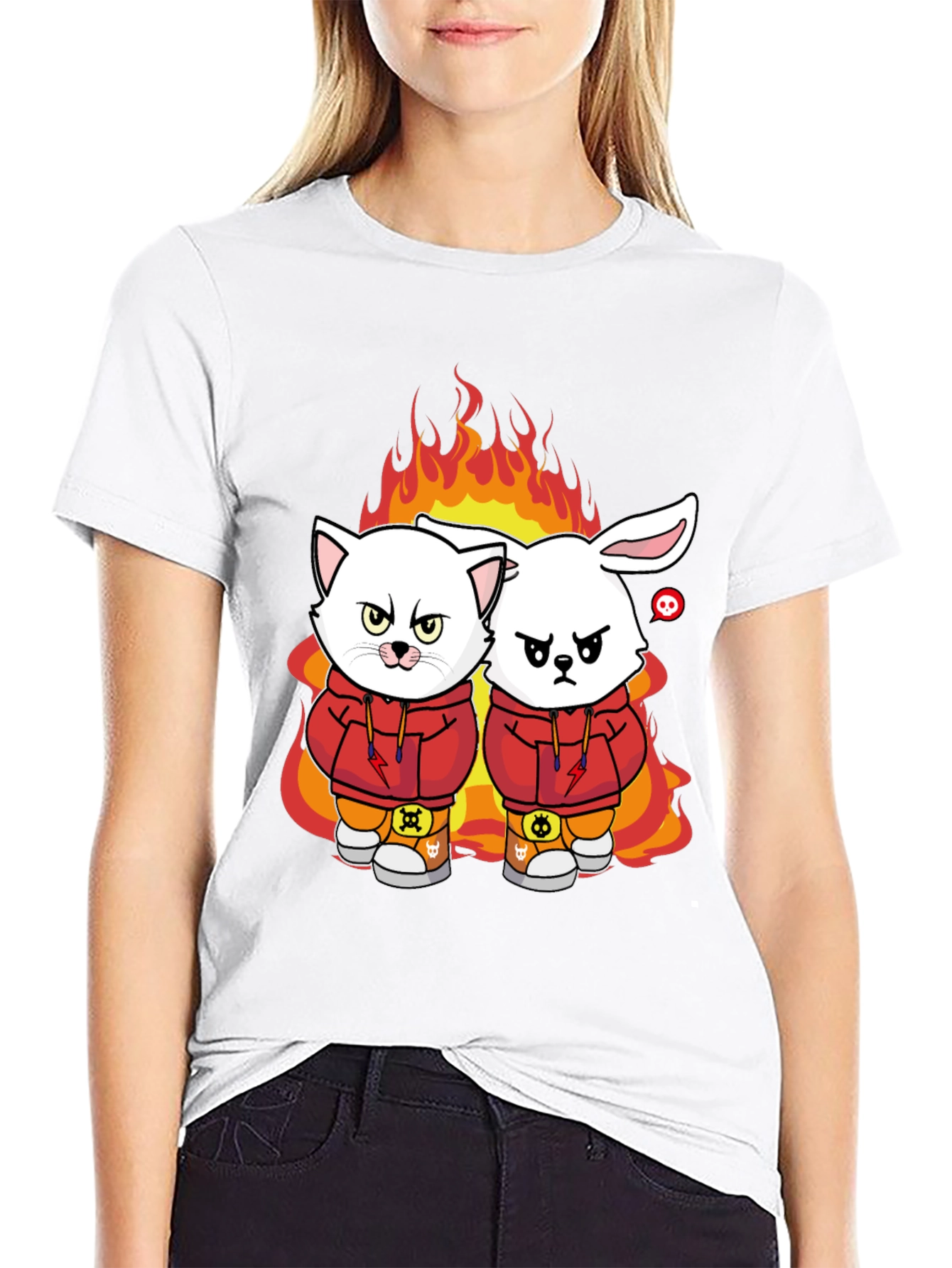 Fiery Friends Graphic Tee - Cat & Rabbit