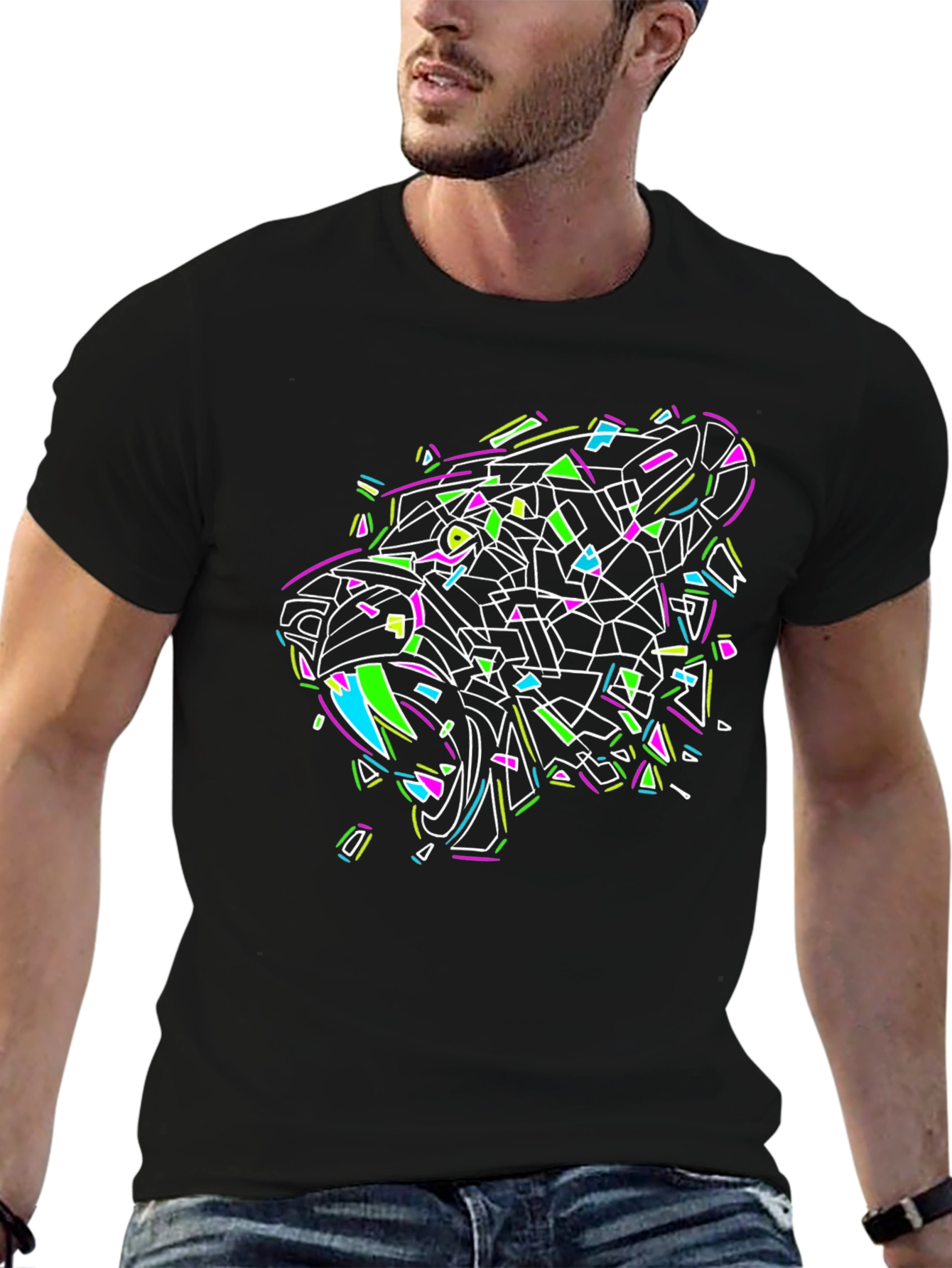 Geometric Panther Graphic Black T-Shirt