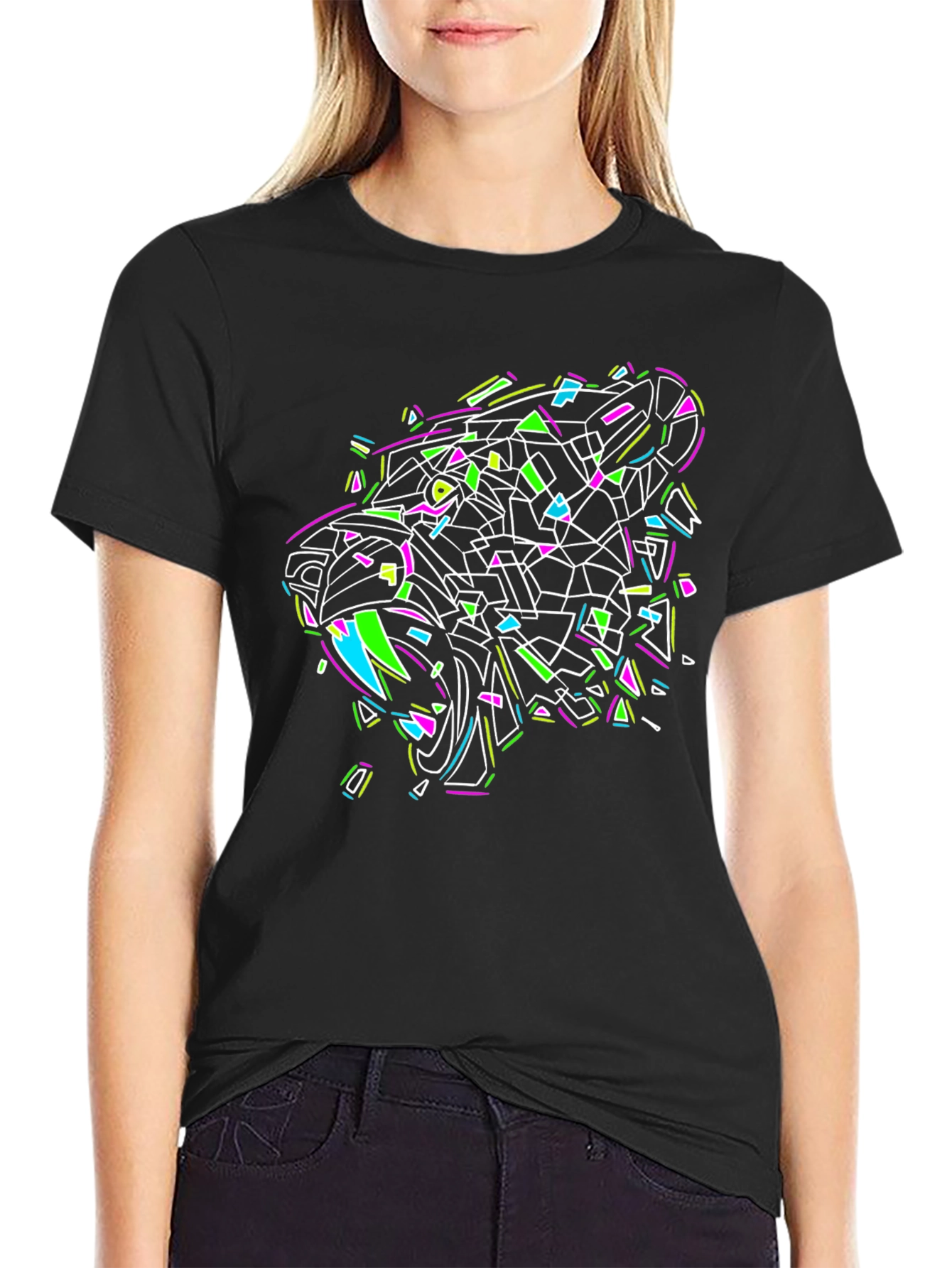 Geometric Panther Graphic Black T-Shirt