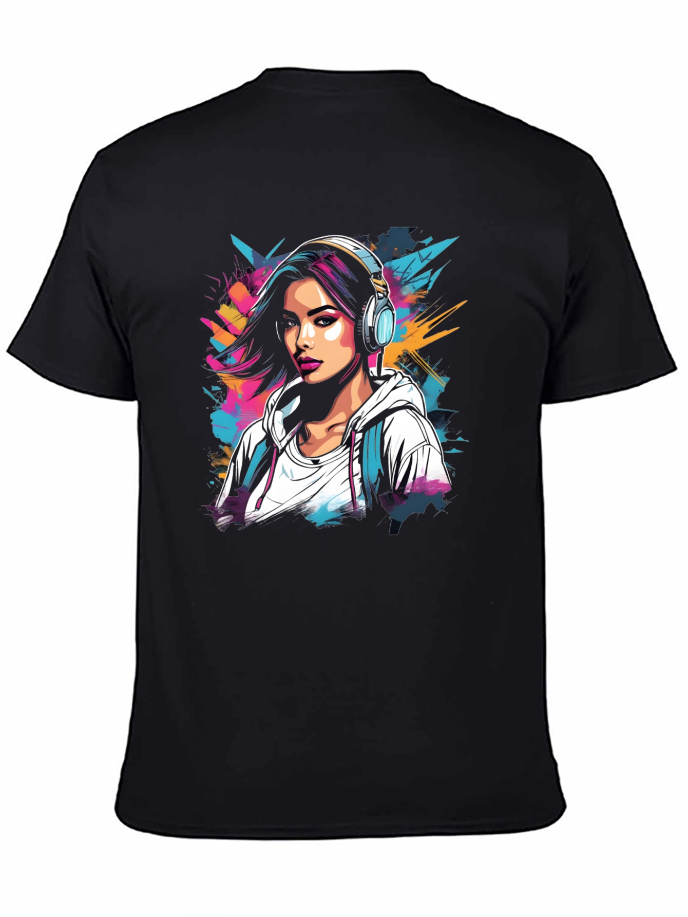 Stylish Black T-Shirt with Girl & Headphones Graphic
