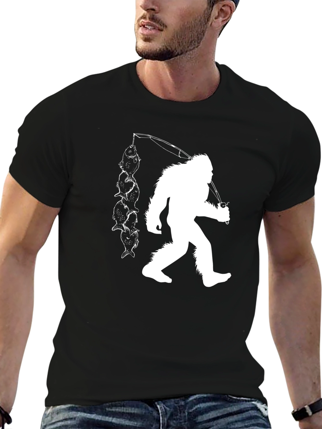 Sasquatch Fishing T-Shirt - Black Cotton Tee