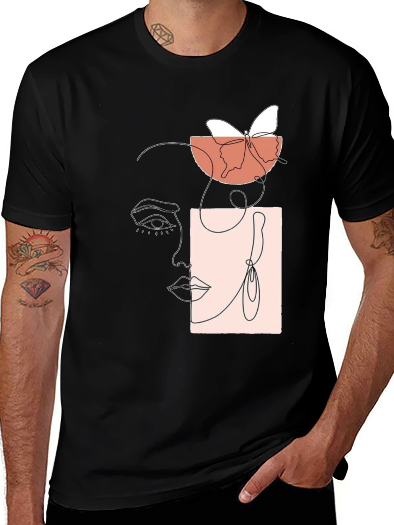 Abstract Face & Butterfly Graphic Black T-Shirt