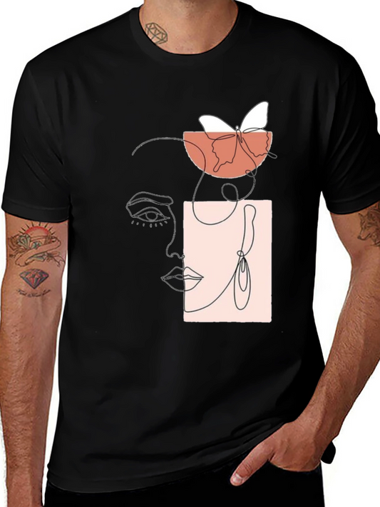 Abstract Face & Butterfly Graphic Black T-Shirt