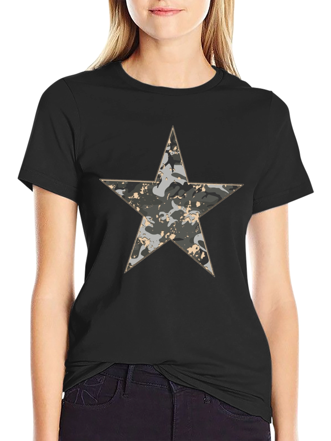 Camouflage Star Graphic Print Black T-Shirt