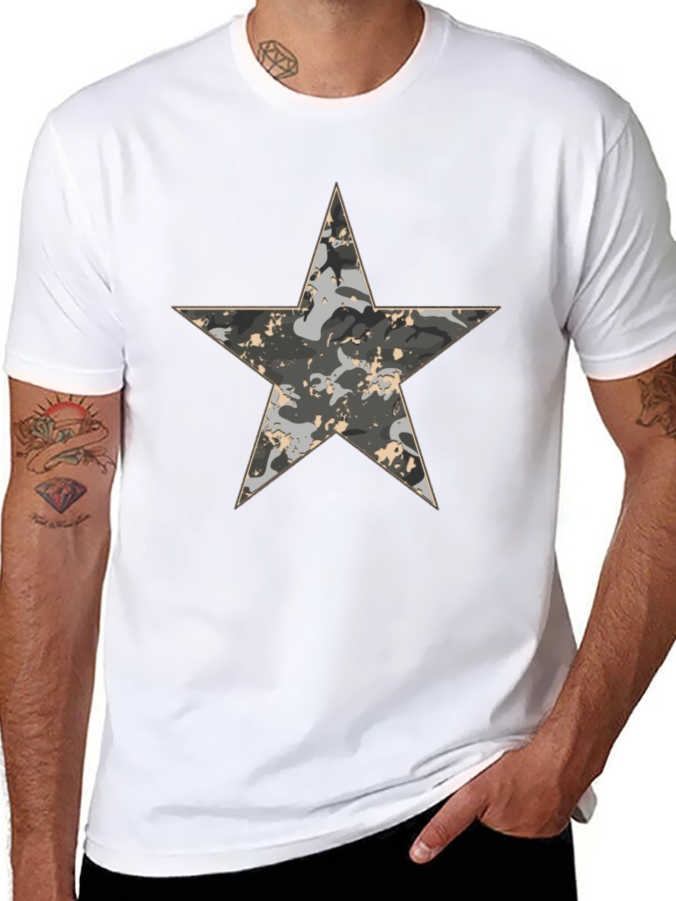 Camouflage Star Graphic Print Black T-Shirt
